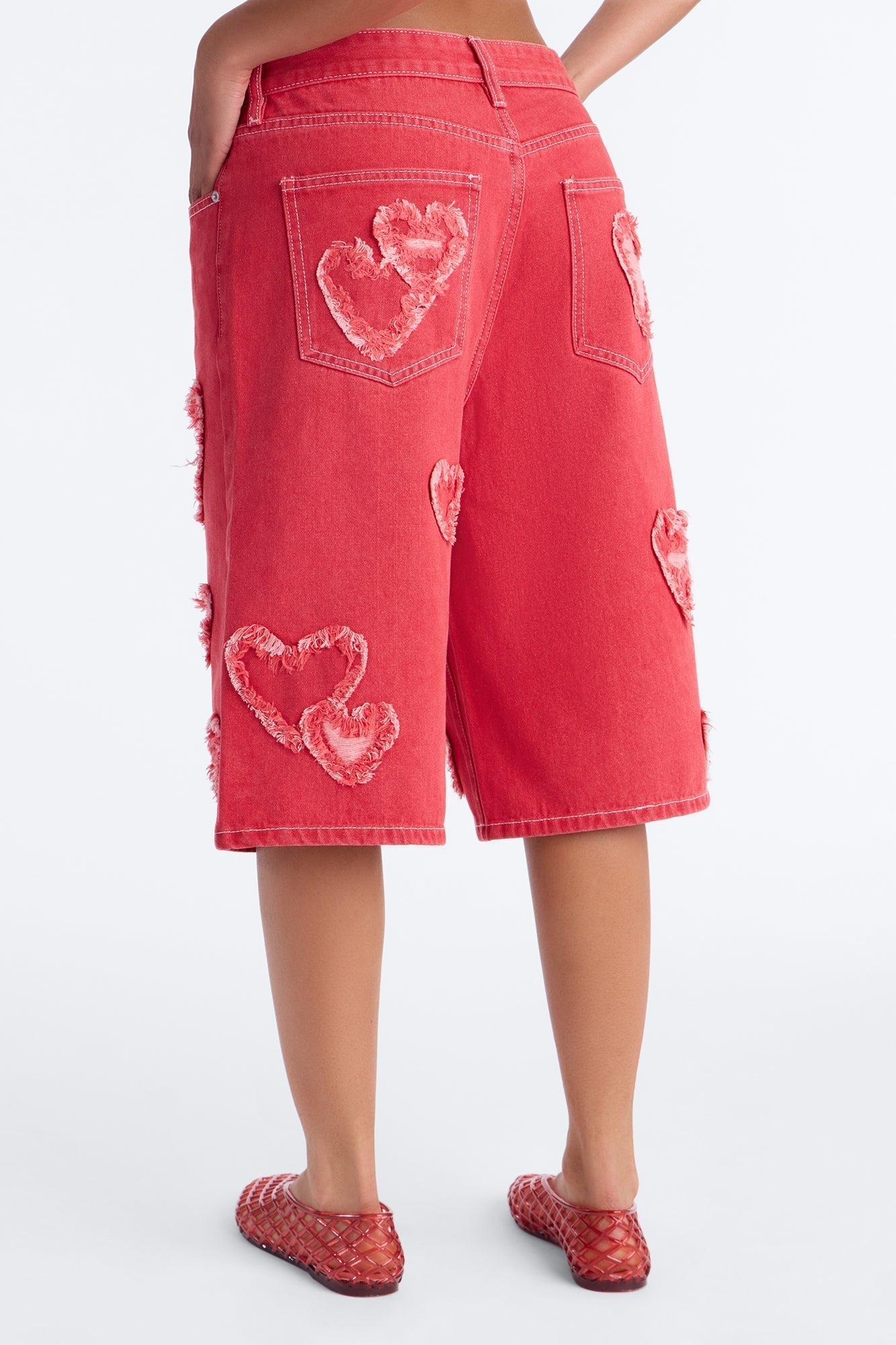 Have A Heart Patchwork Denim Jorts - Hot Pink