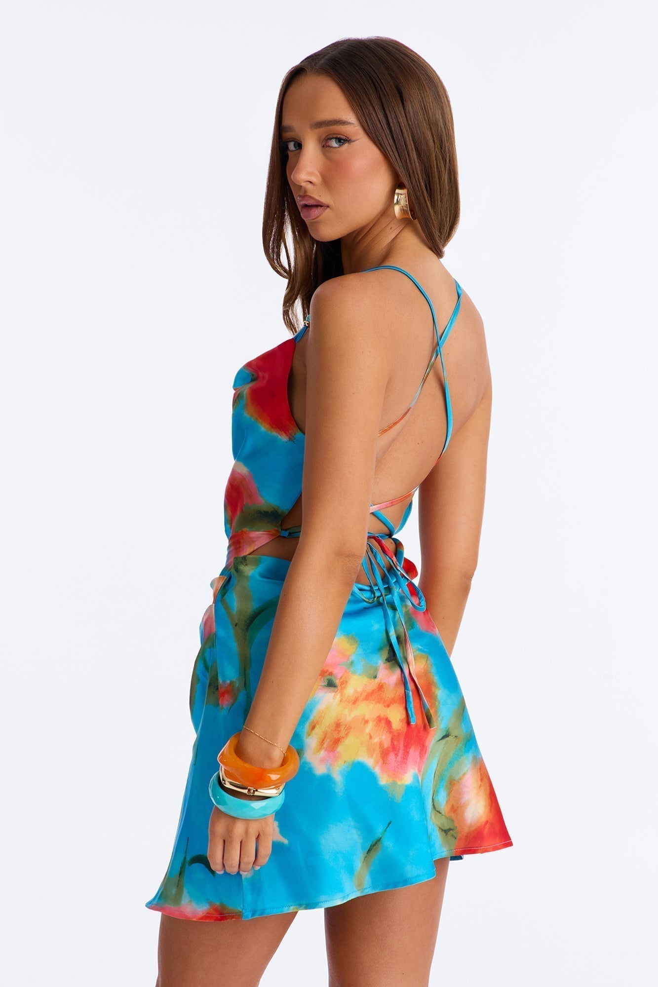 Priscilla Strappy Back Satin Mini Dress - Blue/combo