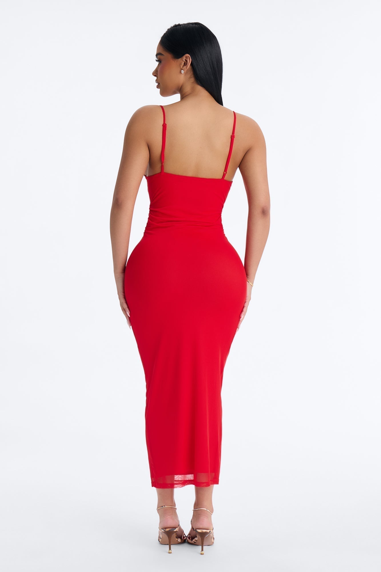 Aila Ruffle Mesh Midi Dress - Red