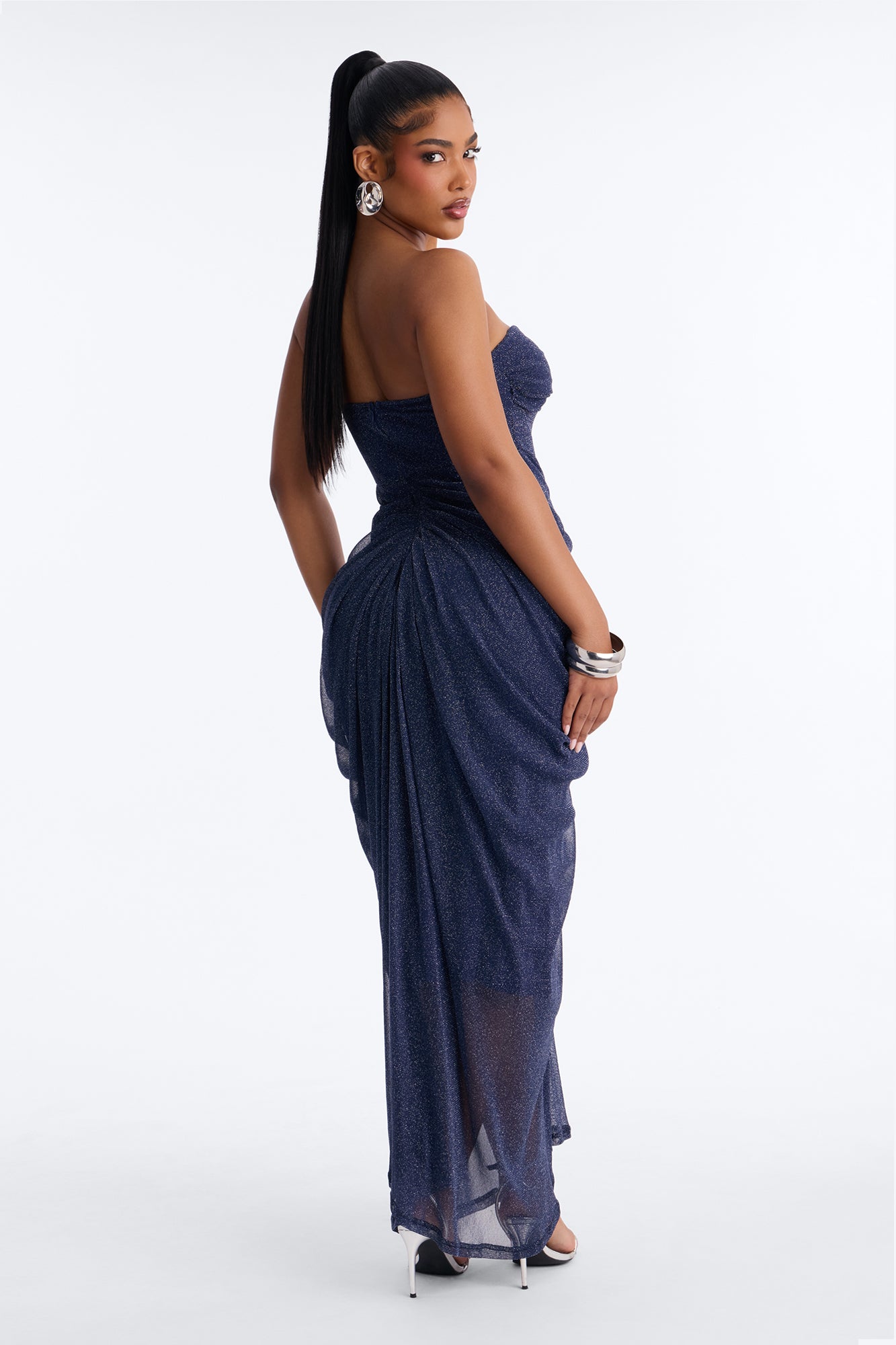 Be My Guest Draped Metallic Gown - Navy