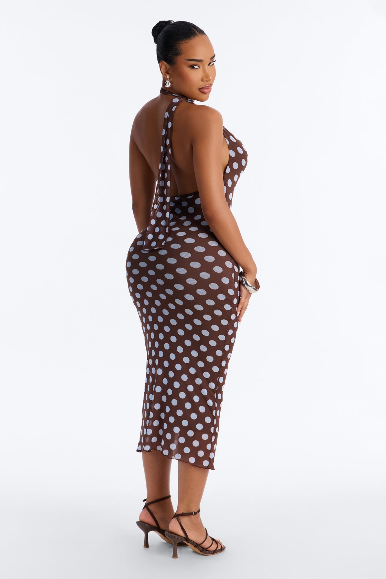 Sweet Spot Polka Dot Mesh Midi Dress - Brown/combo