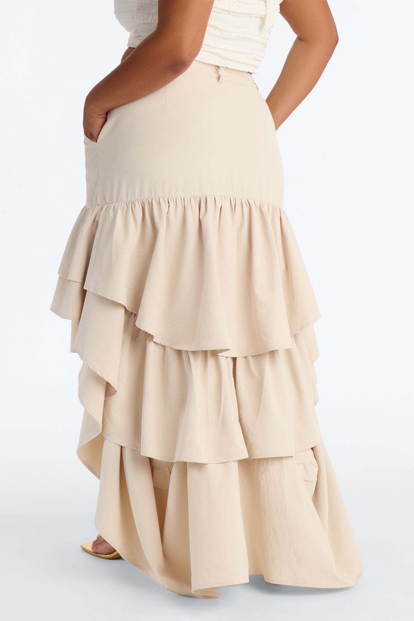 Alyssa Twill High Low Ruffle Maxi Skirt - Khaki