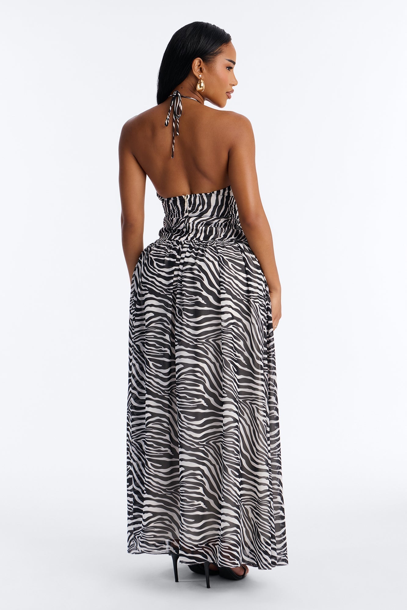 Zaina Zebra Chiffon Maxi Dress - White/Black