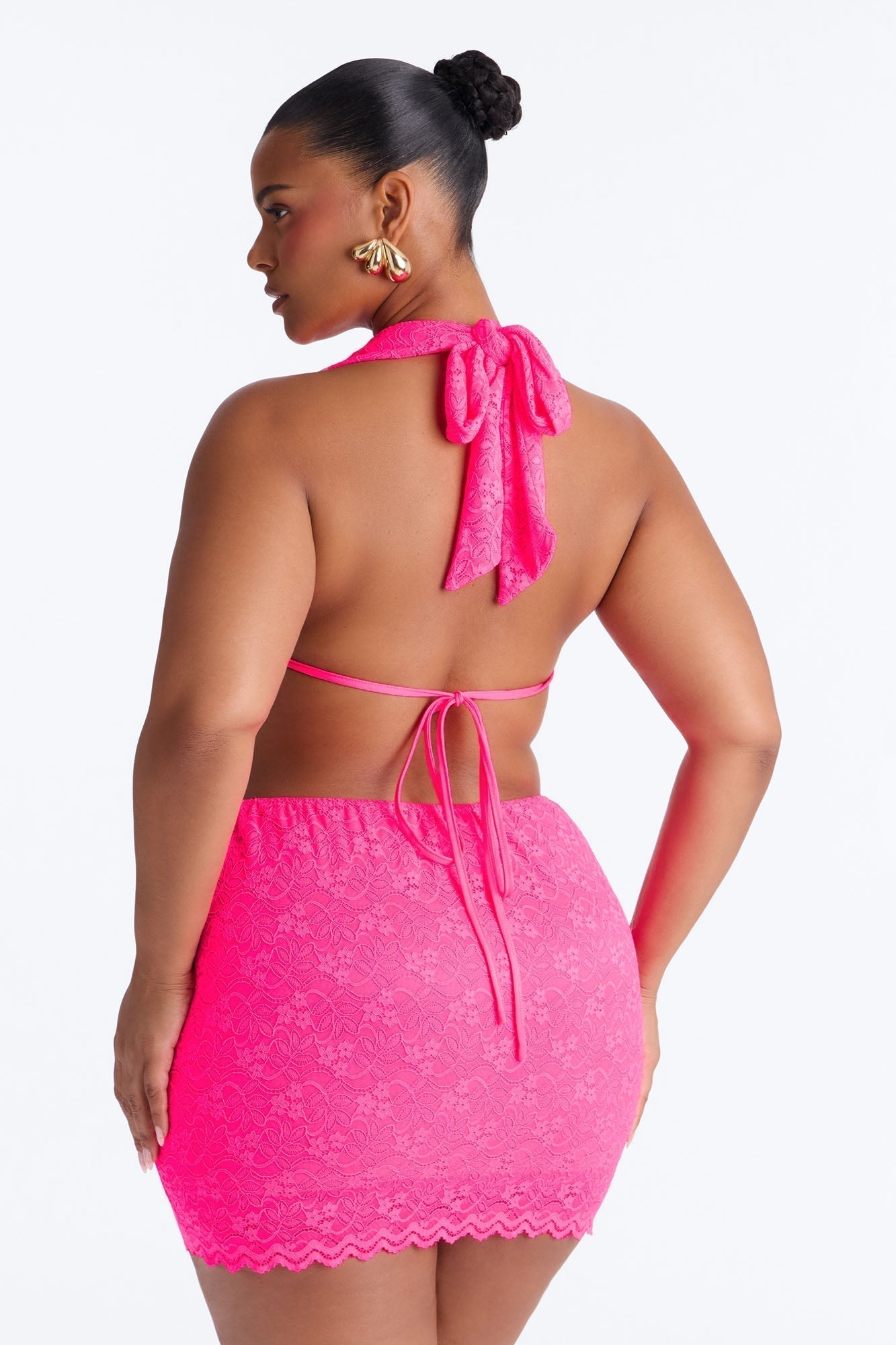 Heartbreaker Halter Lace Mini Dress - Hot Pink