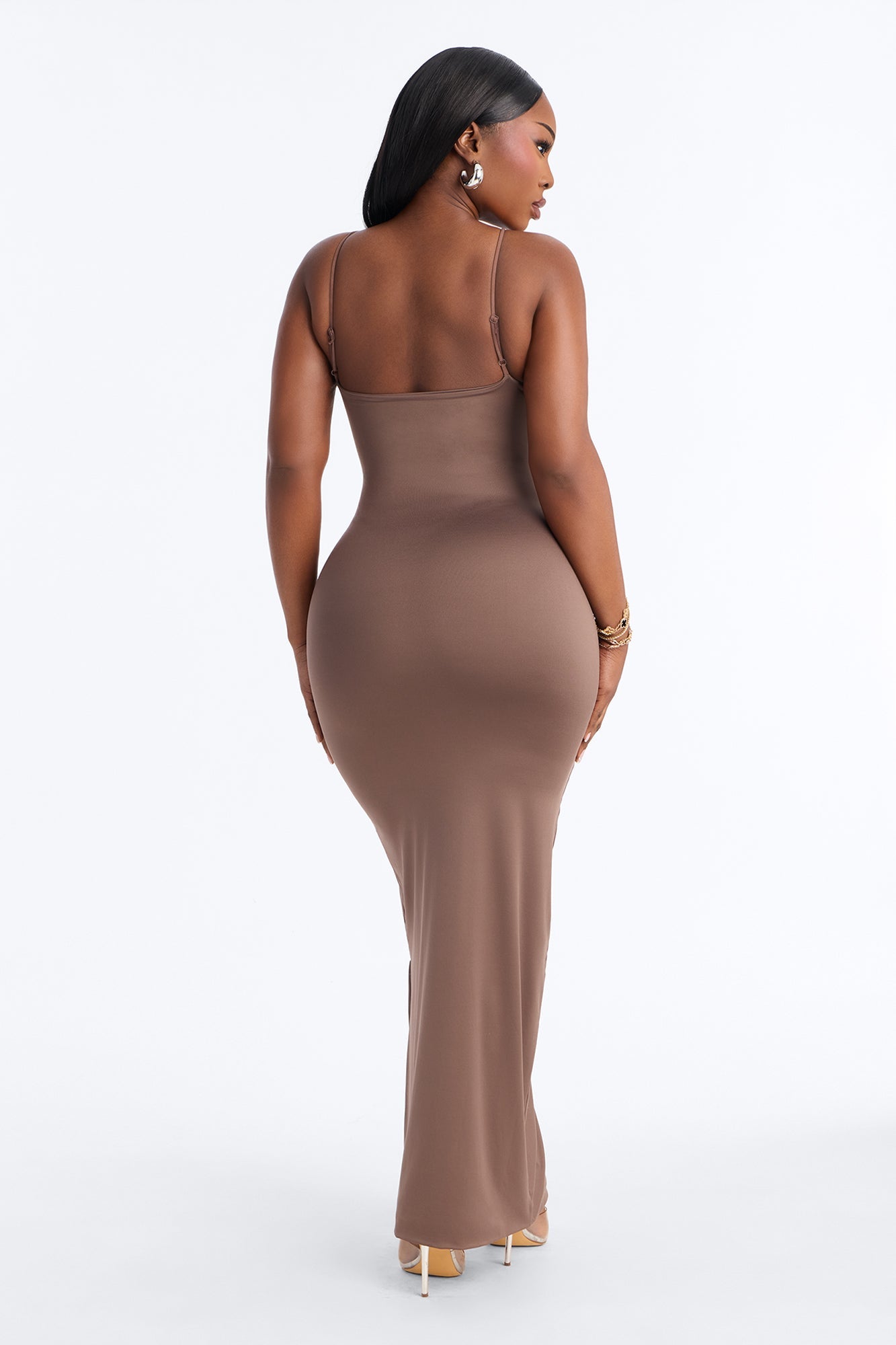 Contour Double Lined Scoop Neck Spaghetti Strap Maxi Dress - Brown