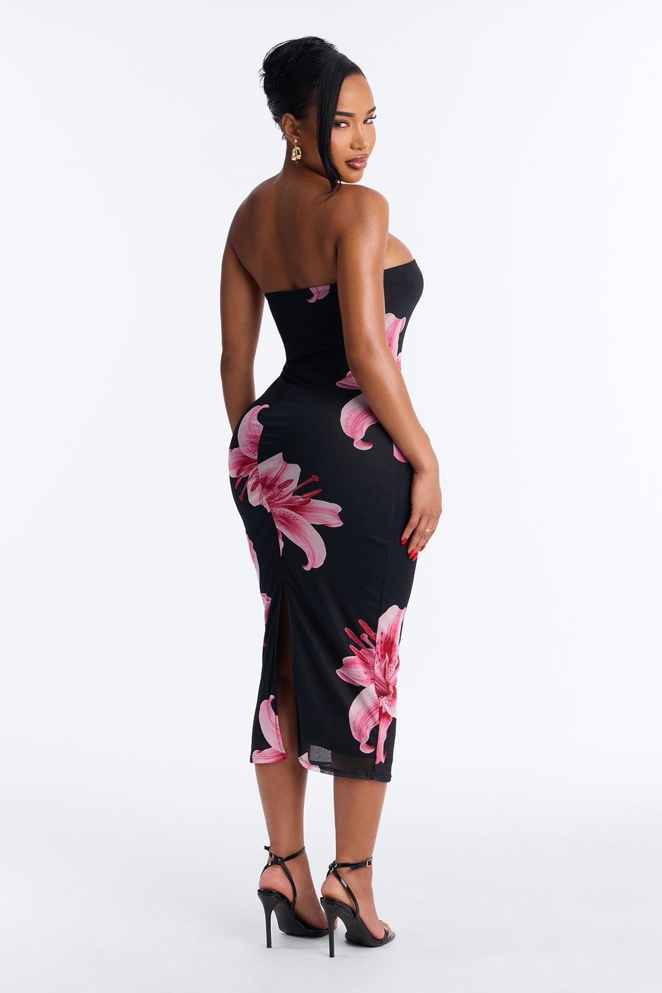 Elara Printed Mesh Midi Dress - Black/Pink