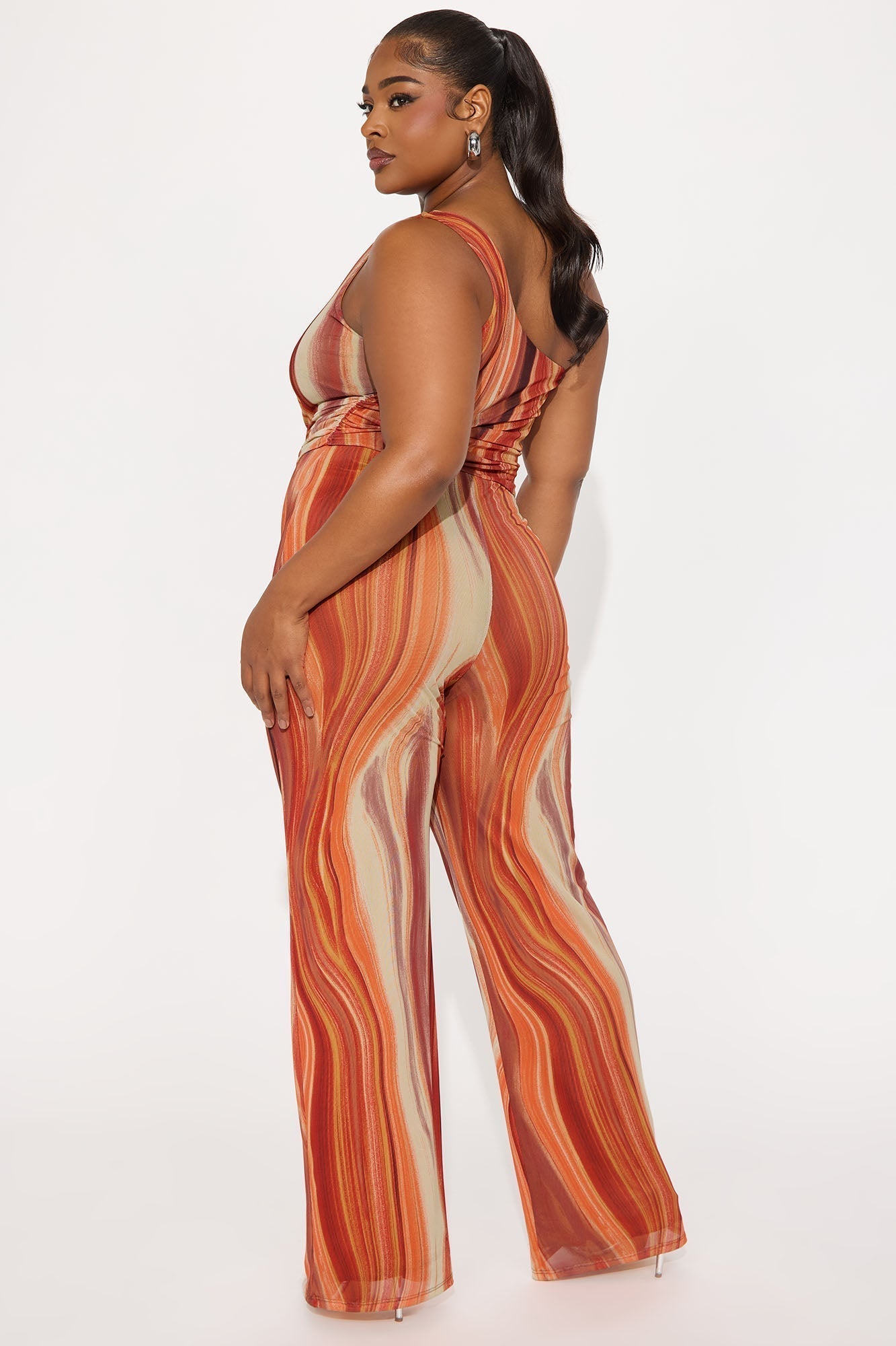 Lost Island One Shoulder Mesh Jumpsuit - Orange/combo