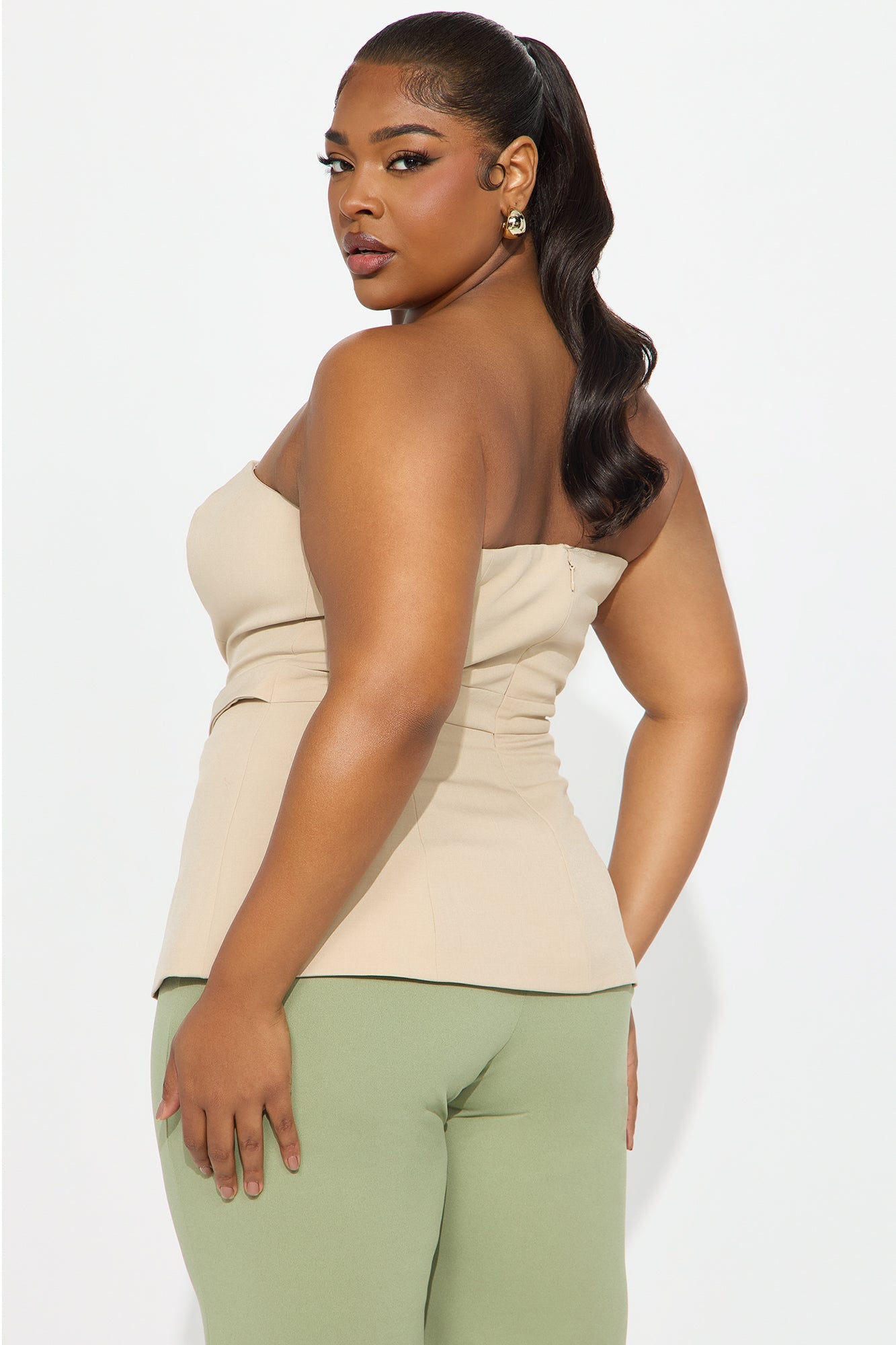 Karla Belted Strapless Top - Khaki