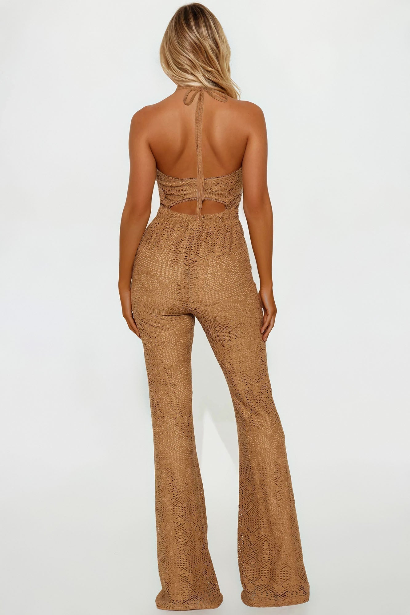 Sunlit Crochet Flare Jumpsuit - Brown