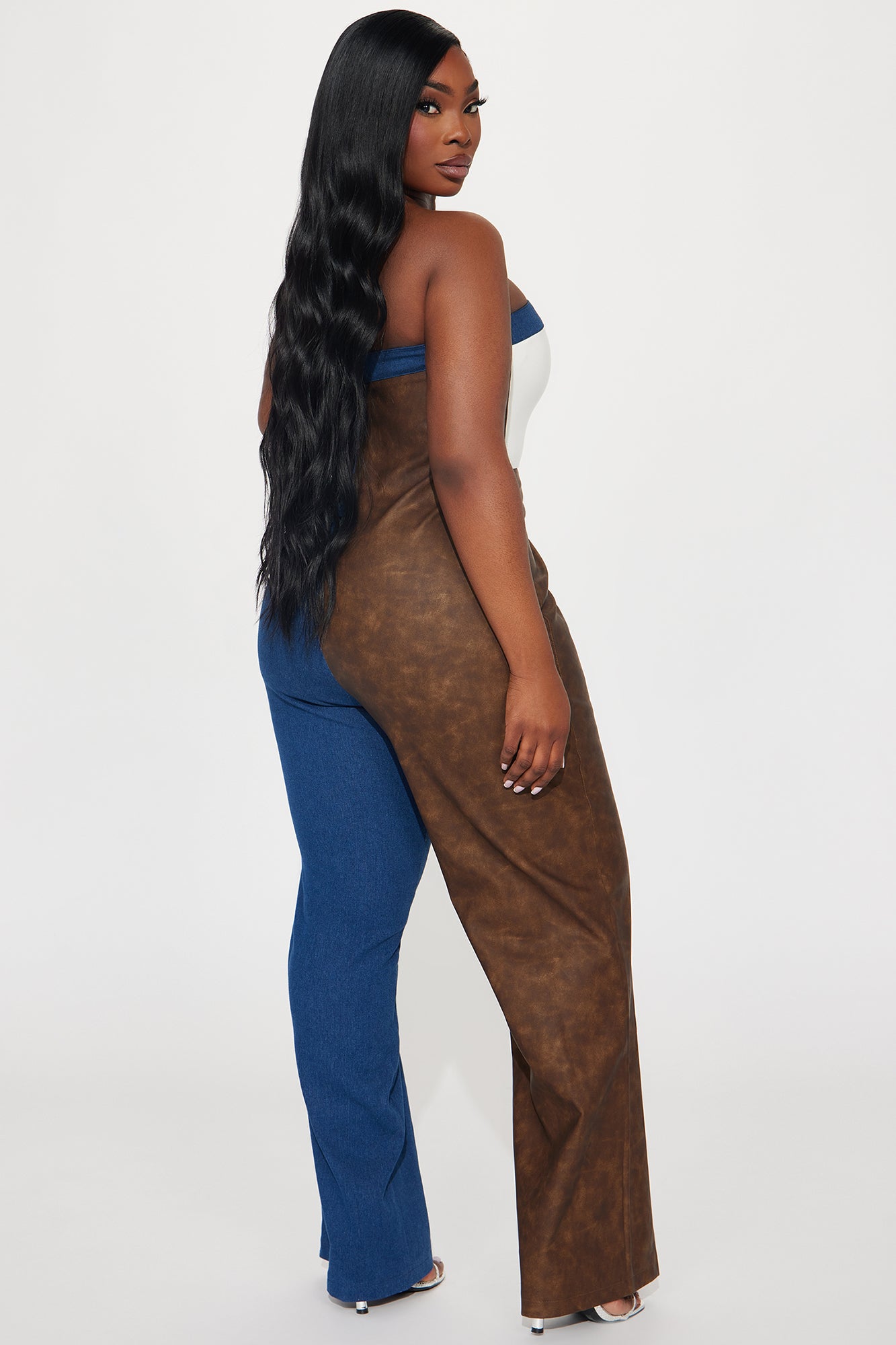 No Blocked Hearts Faux Leather Jumpsuit - Royal/combo