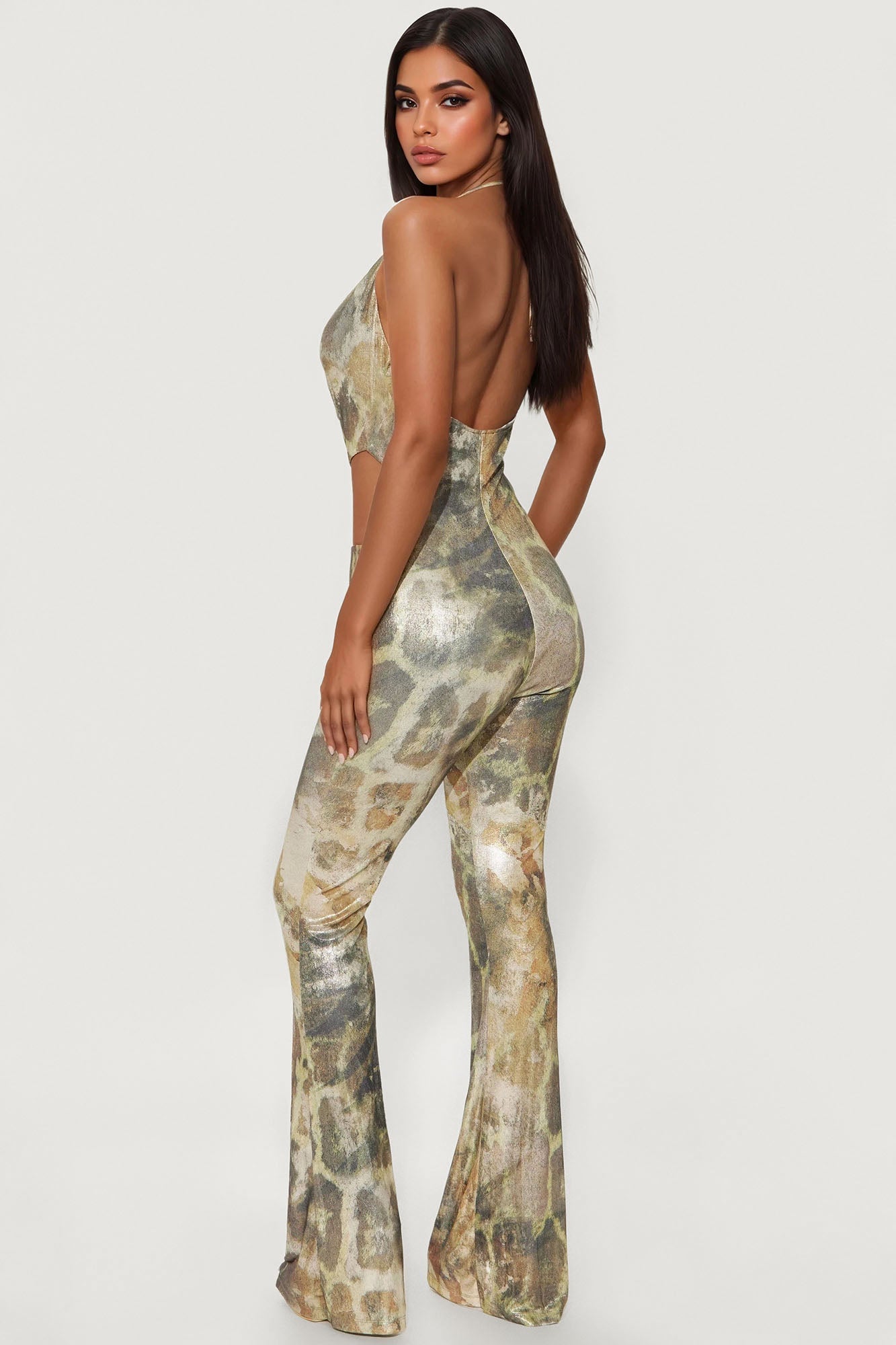 Allison Metallic Halter Jumpsuit - Olive/combo
