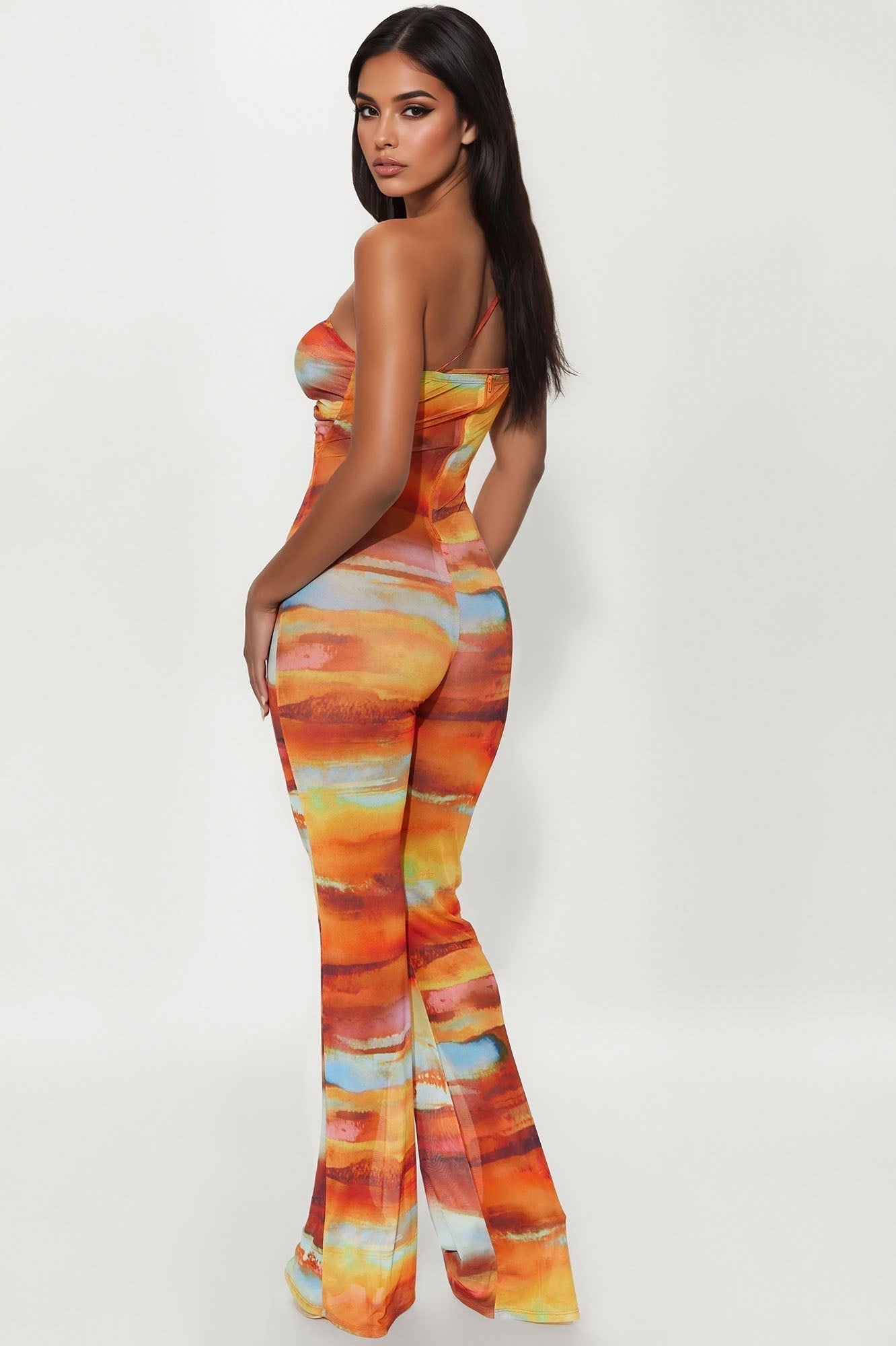 Sneaking Out At Sunset Mesh Jumpsuit - Orange/combo