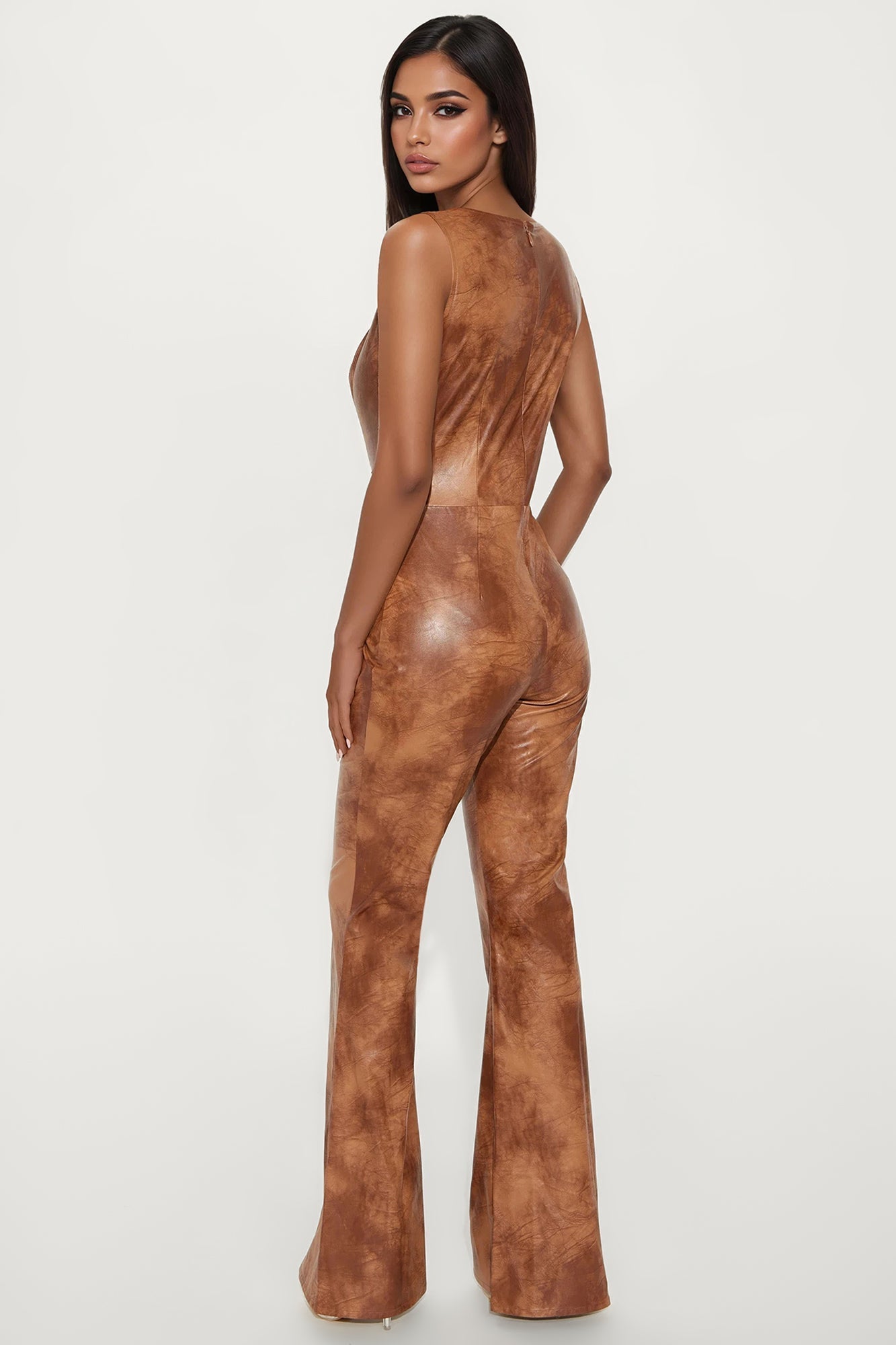 Klarissa Faux Leather Lace Up Jumpsuit - Brown