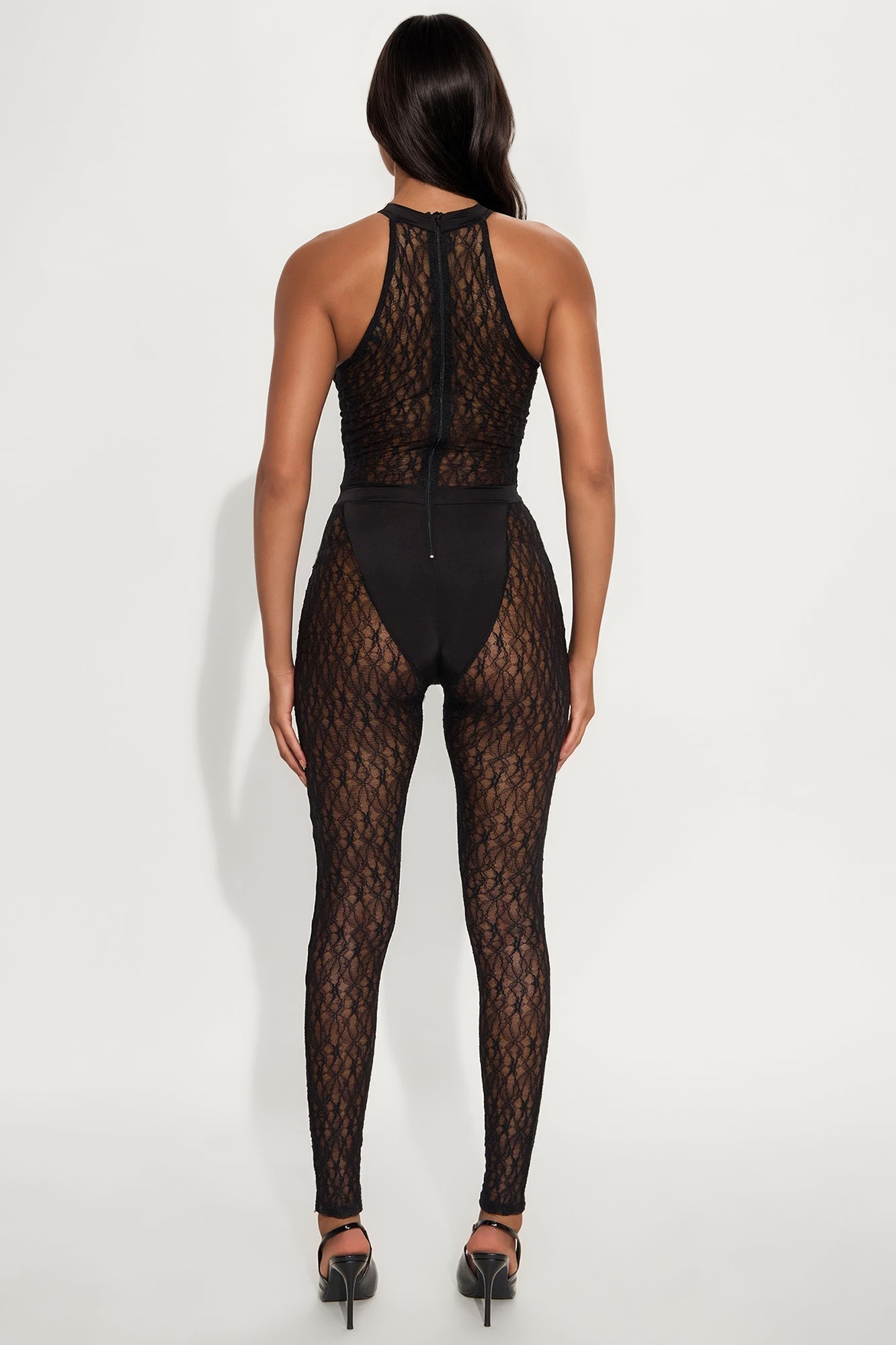 Feeling Secure Sheer Lace Jumpsuit - Black