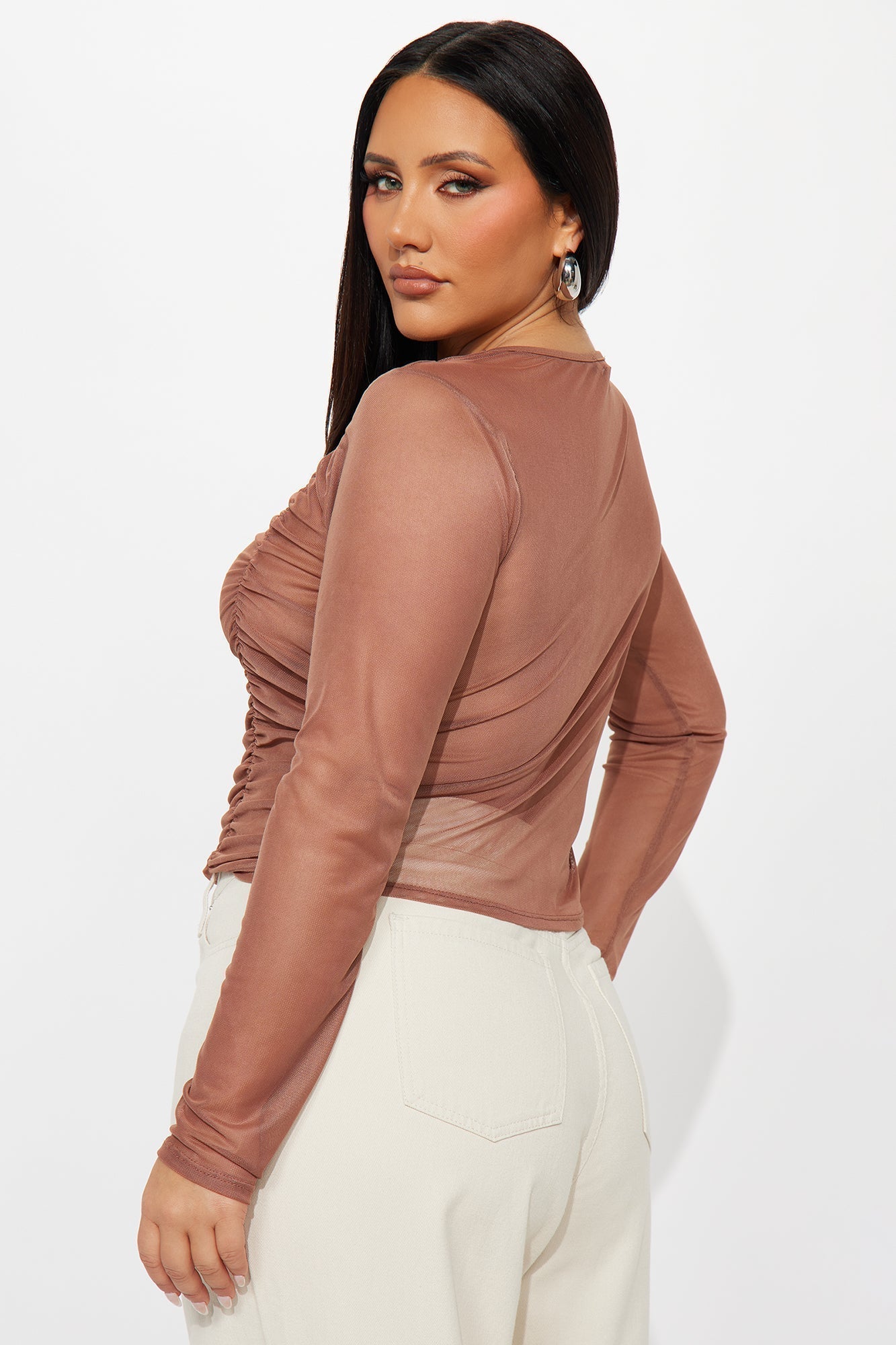 Delphine Long Sleeve Ruched Mesh Baby Tee - Mocha