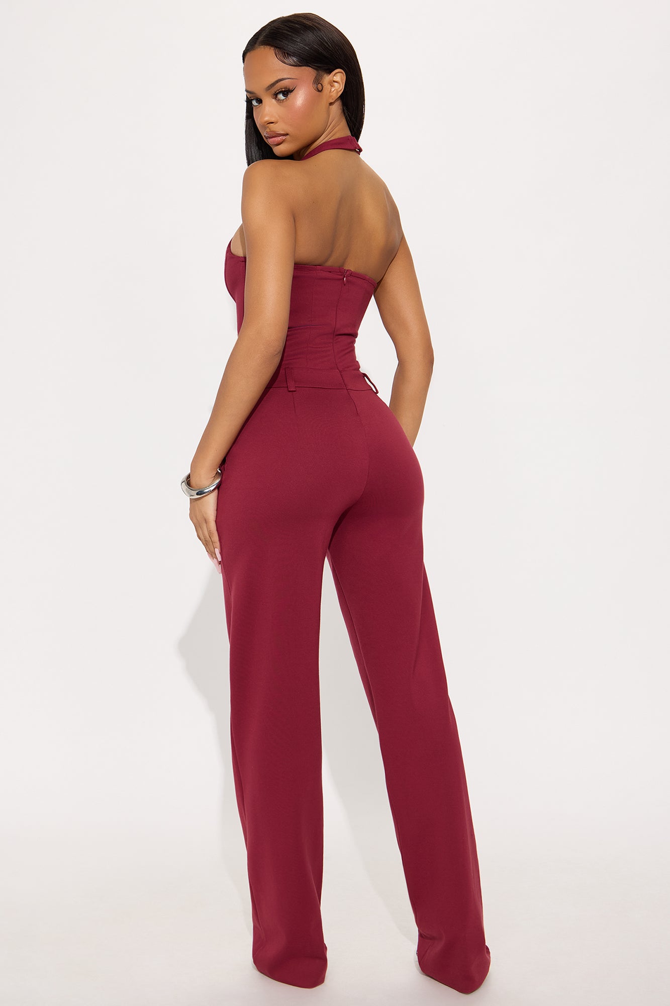 In Command Ponte Halter Wide Leg Jumpsuit - Burgundy