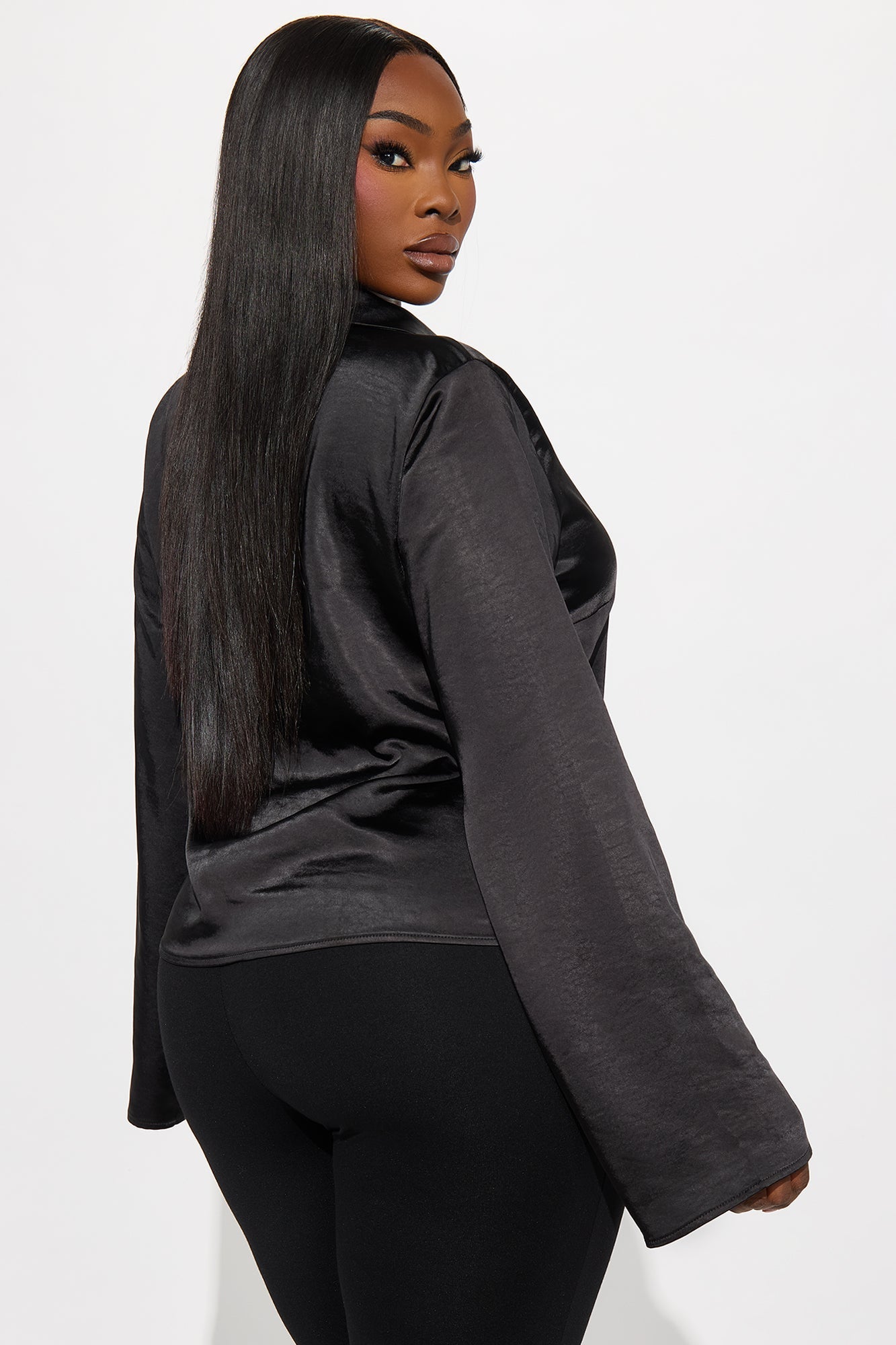 Frederica Tie Front Satin Blouse - Black