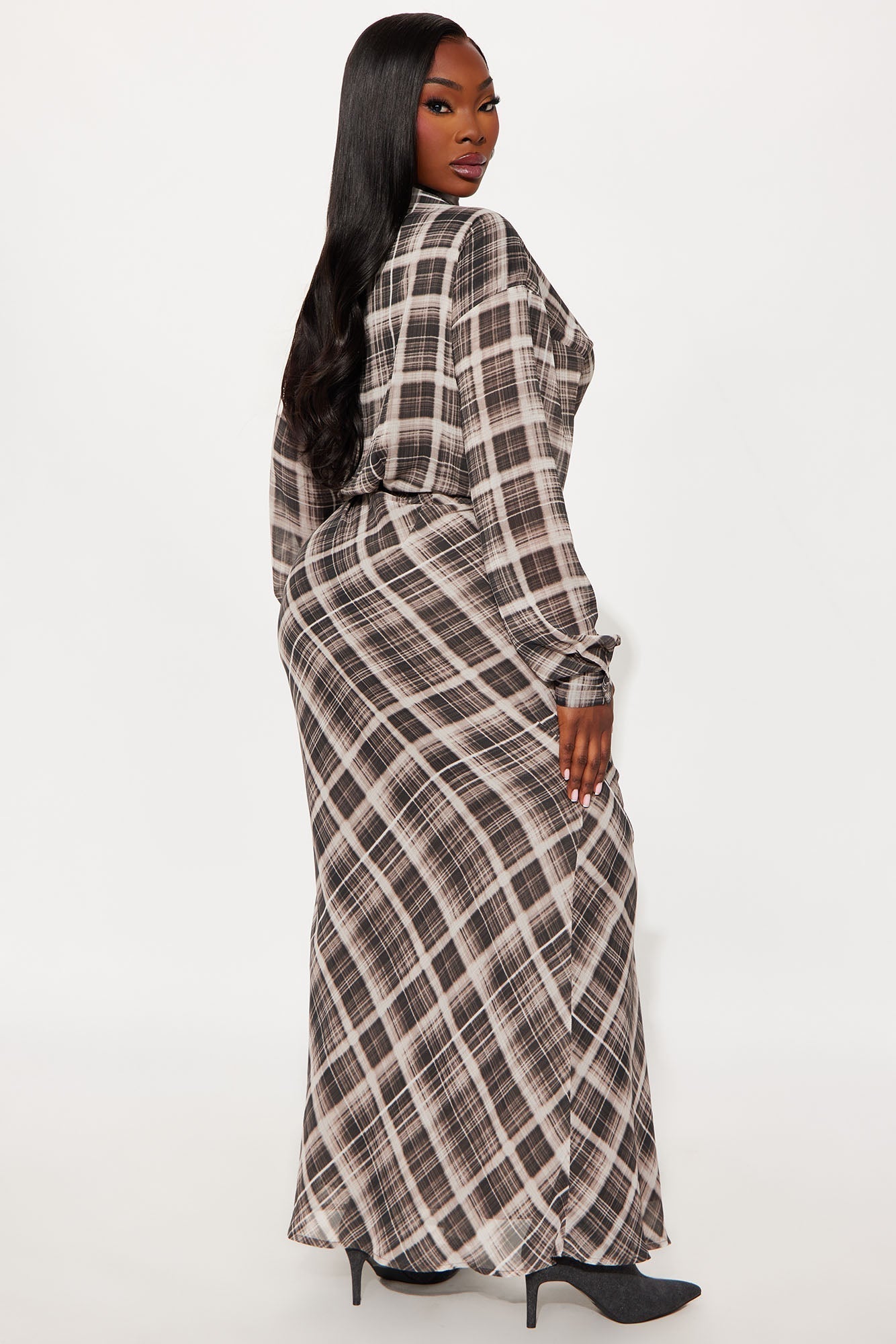 Anastasia Plaid Chiffon Maxi Shirt Dress - Brown Combo