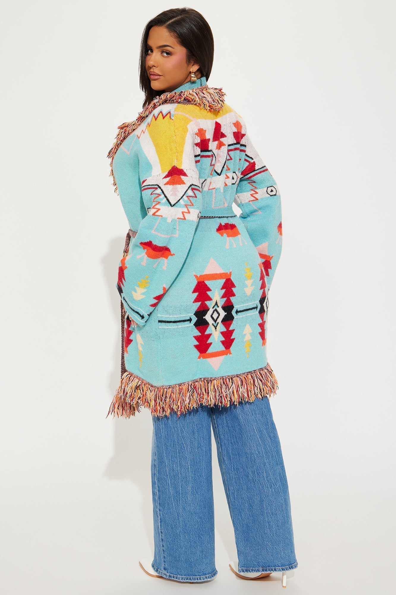 Western Day Fringe Cardigan - Blue/combo