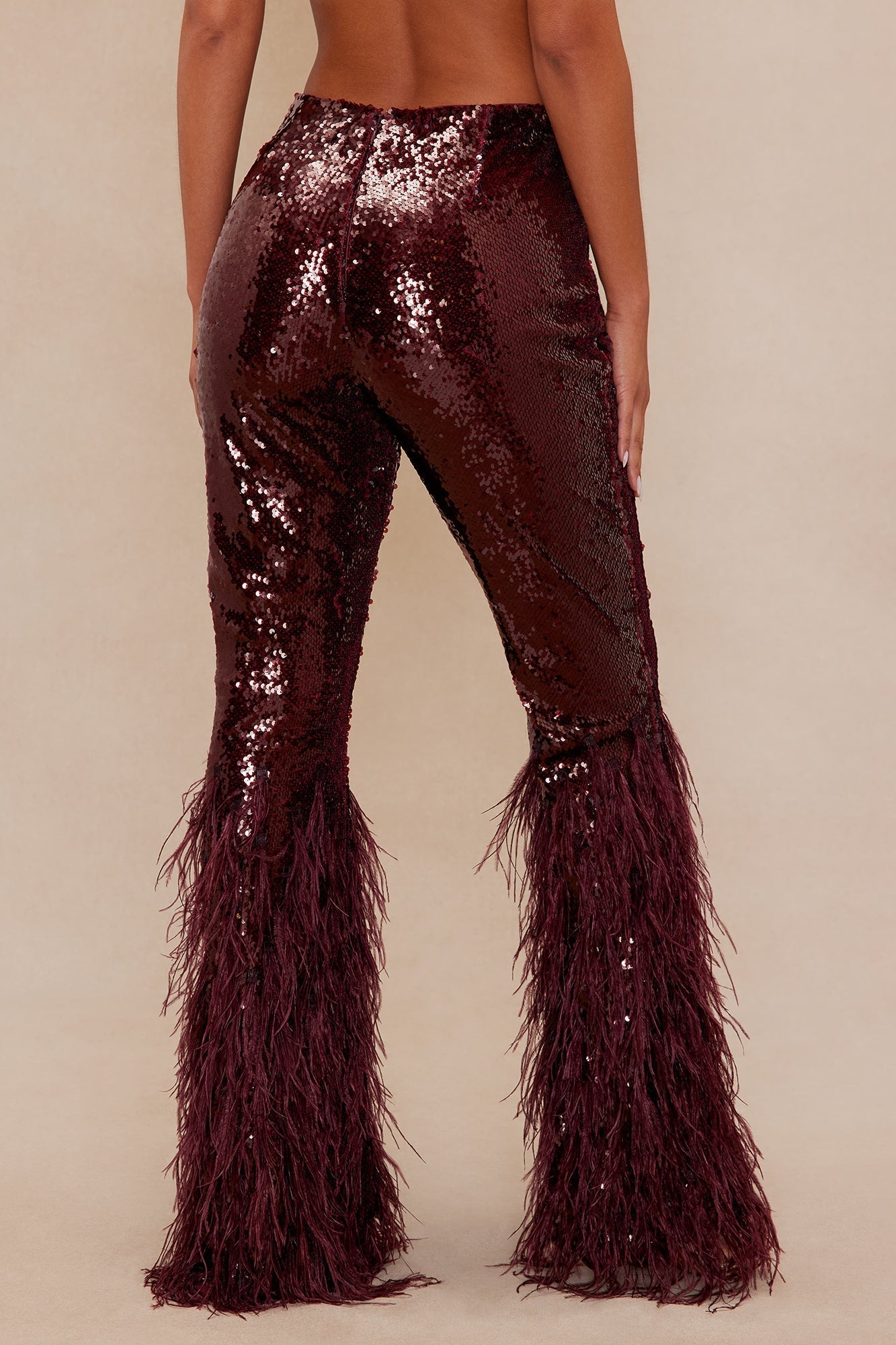 Nola Sequin Feathered Flare Pant - Wine