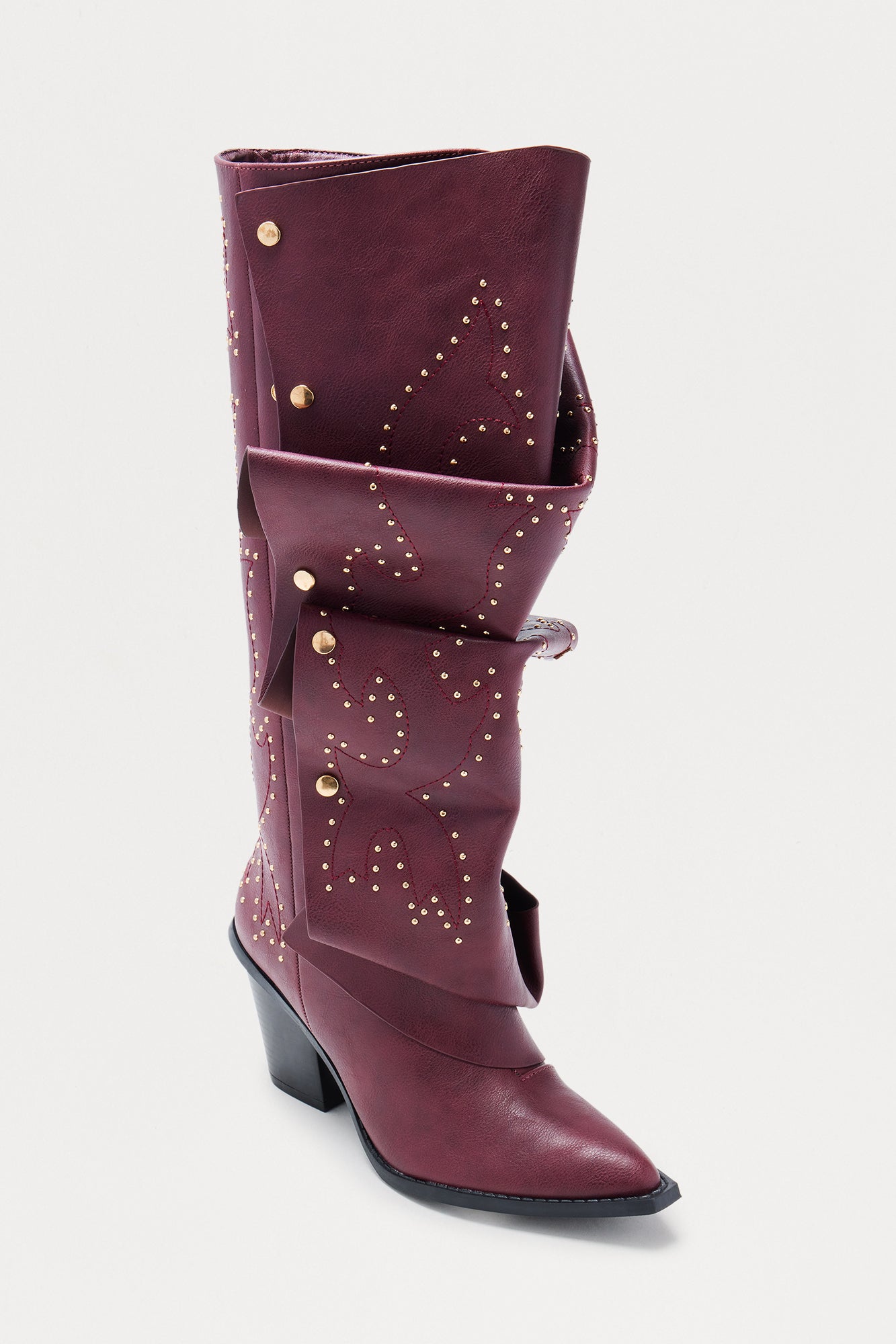 Armor Studded Knee High Boots - Burgundy