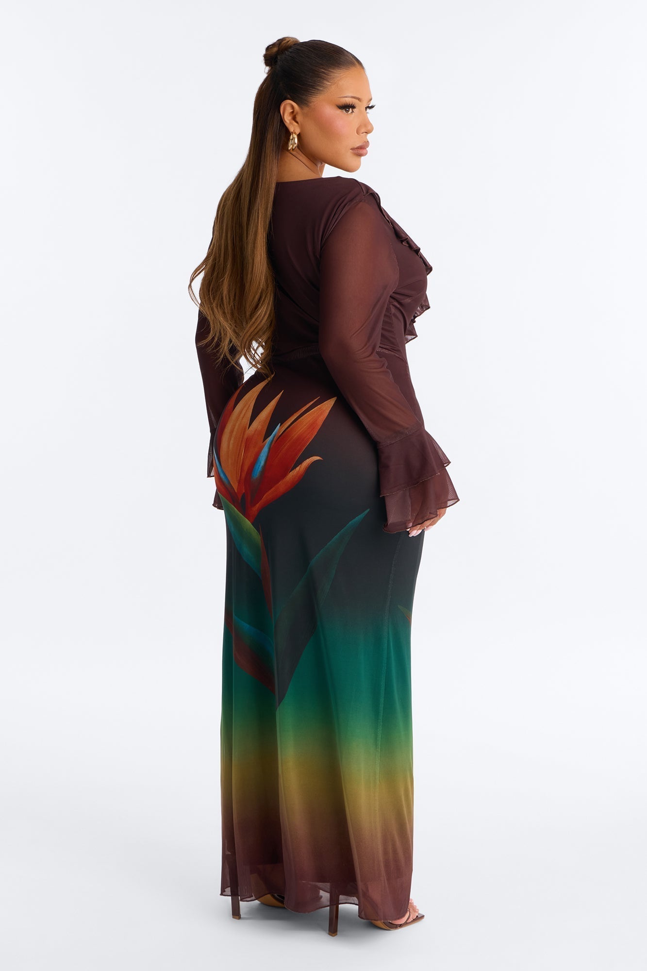 Erica Ruffle Mesh Maxi Dress - Brown/combo