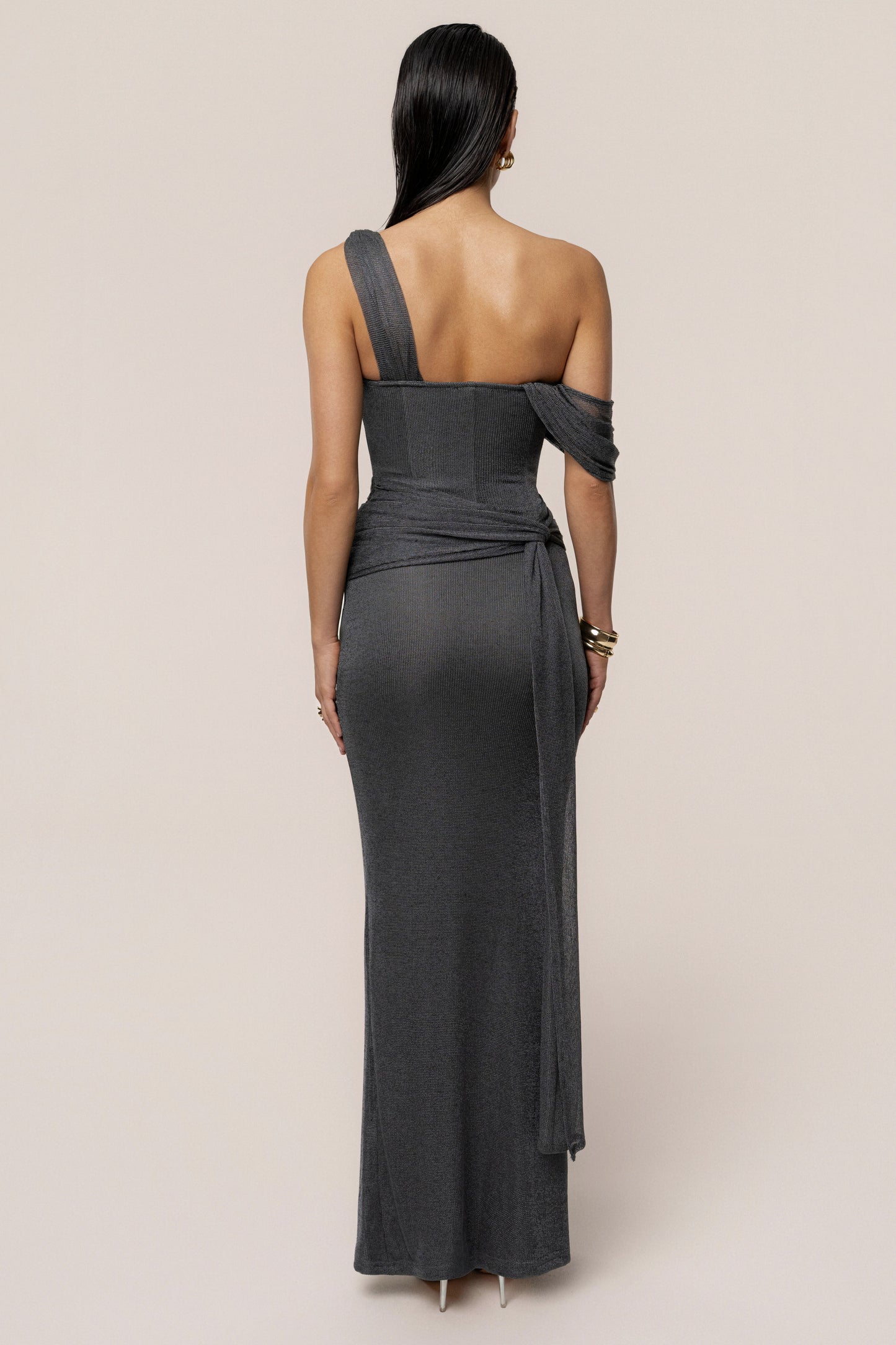 Gun Metal Draped Metallic Maxi Dress