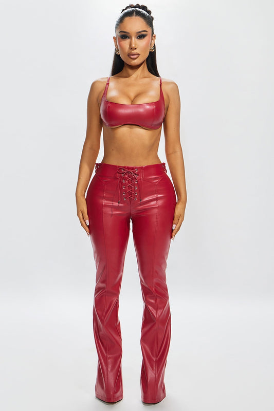 Vivienne Faux Leather Lace Up Pant - Red