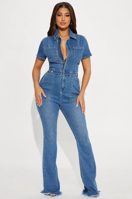 Fair And Square Denim Jumpsuit - Medium Wash