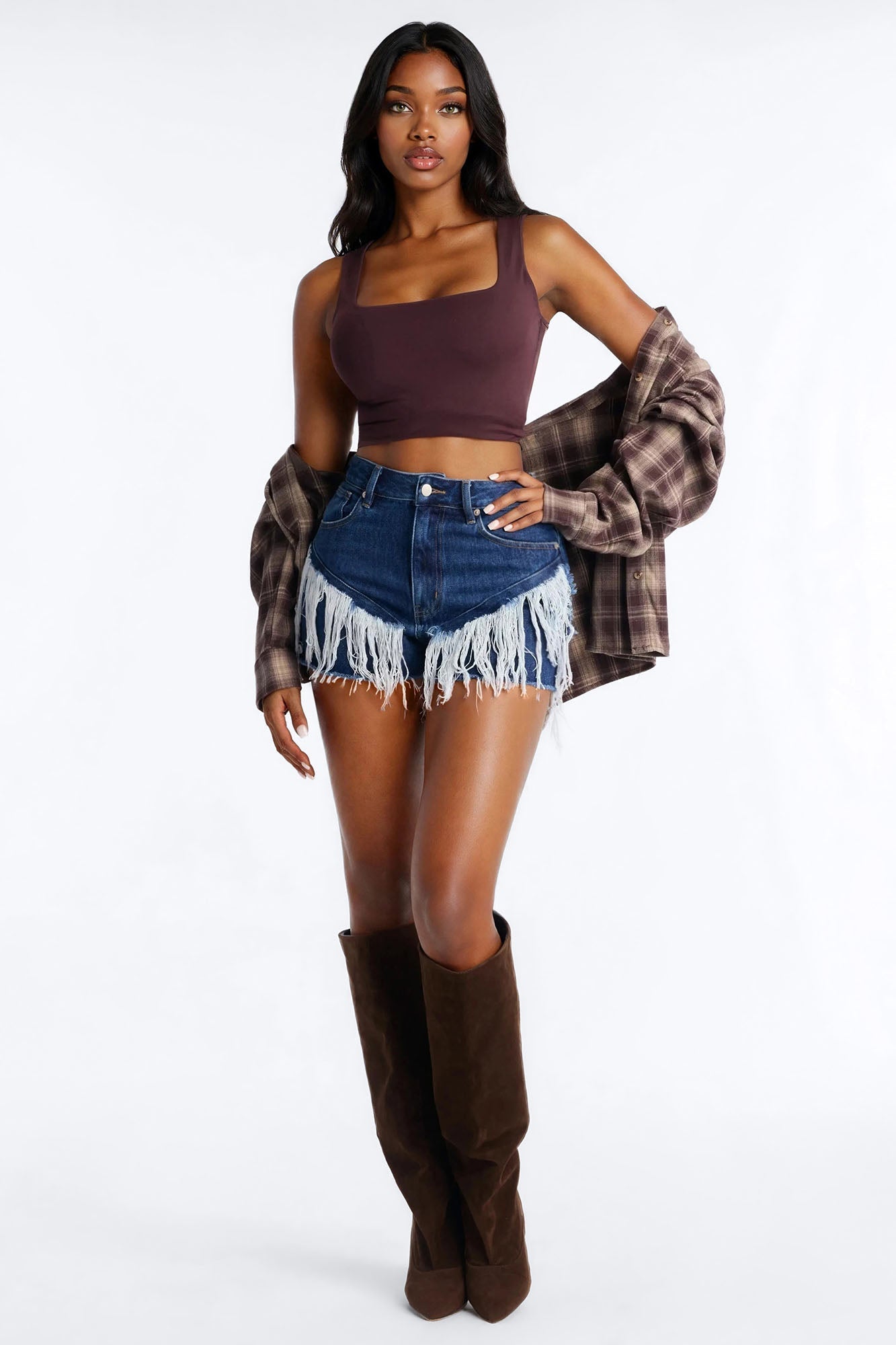 Indio Fringe Ripped High Rise Denim Shorts - Dark Wash