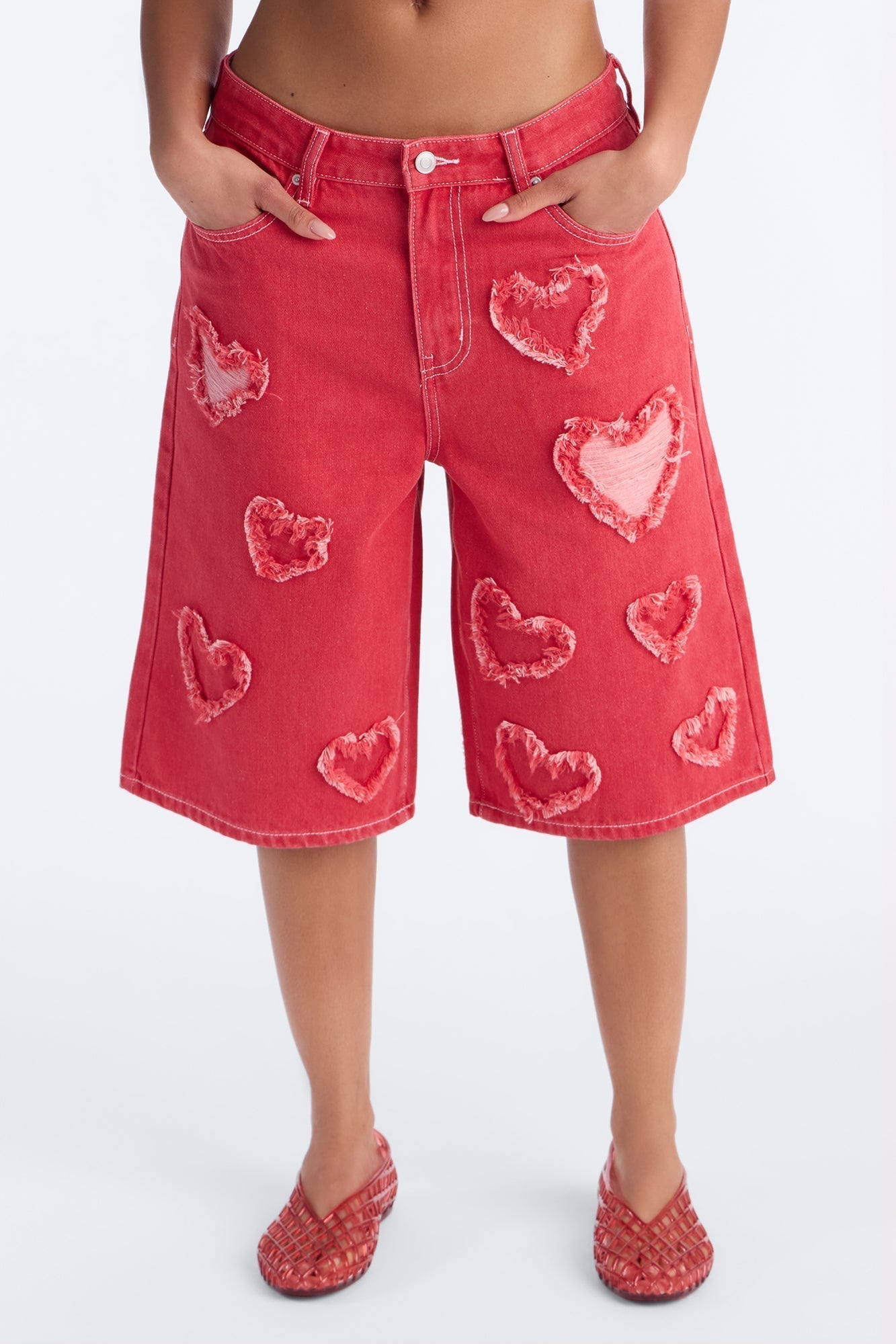 Have A Heart Patchwork Denim Jorts - Hot Pink
