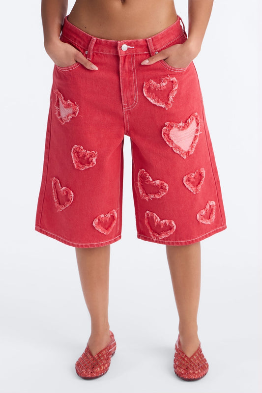 Have A Heart Patchwork Denim Jorts - Hot Pink