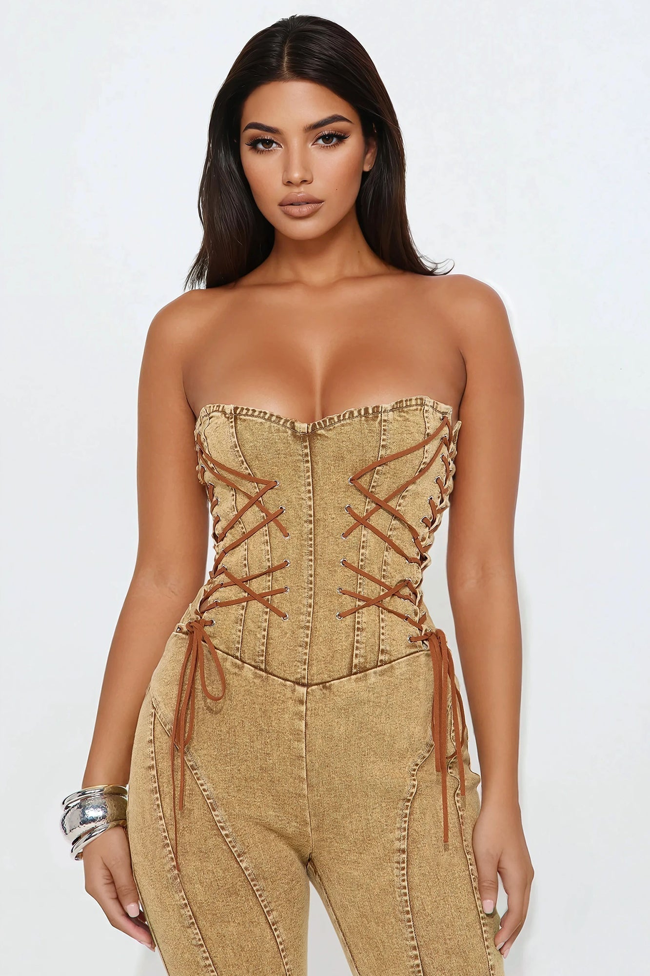 Meet Me In The Desert Denim Jumpsuit - Tan