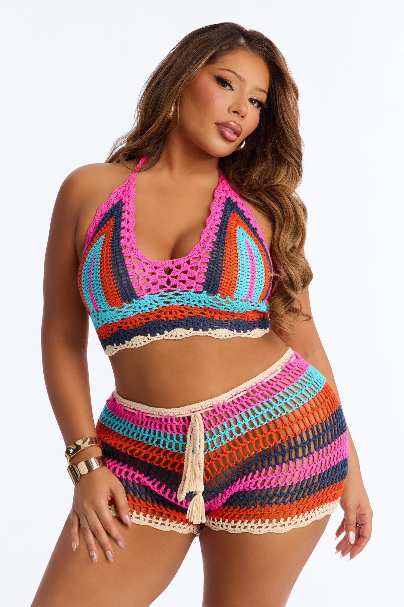 Priscilla Crochet 2 Piece Sunsuit - Hot Pink/combo