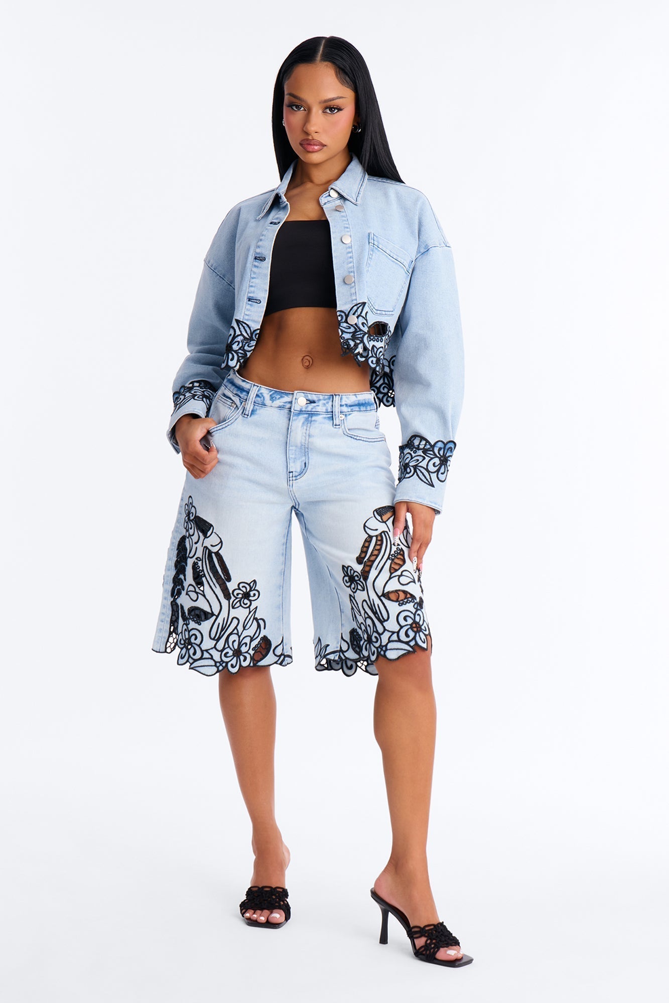 Madeira Embroidered Denim Shorts - Light Wash