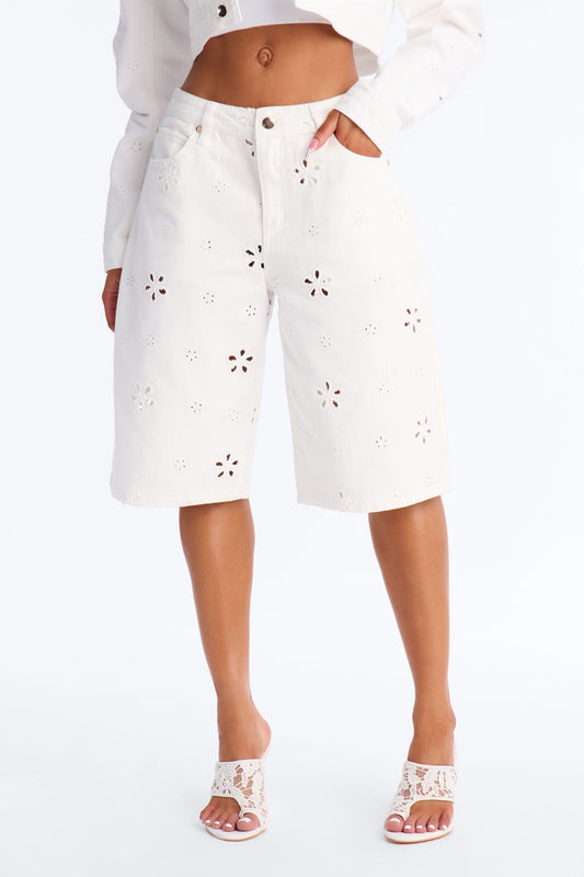 Valencia Eyelet Denim Jorts - White