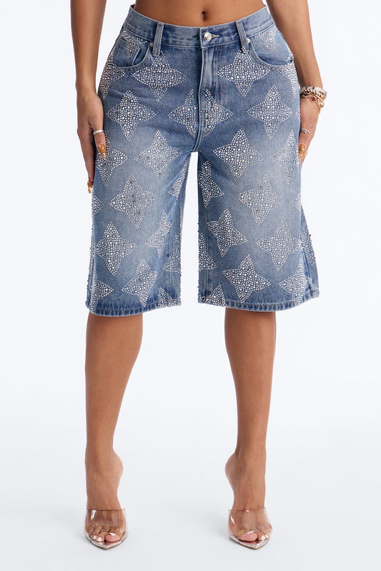 Diamond Cut Embellished Denim Jorts - Medium Wash