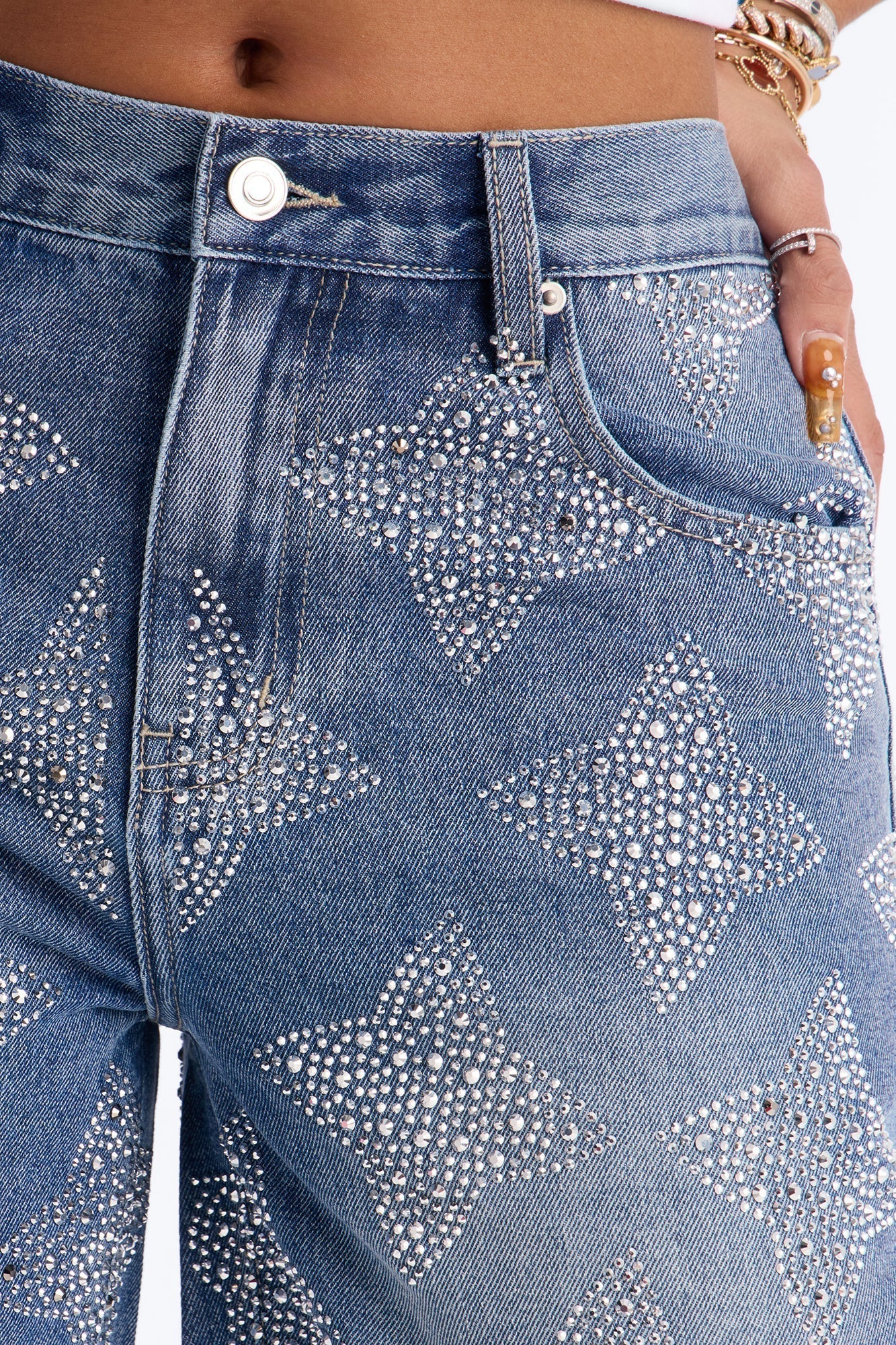 Diamond Cut Embellished Denim Jorts - Medium Wash