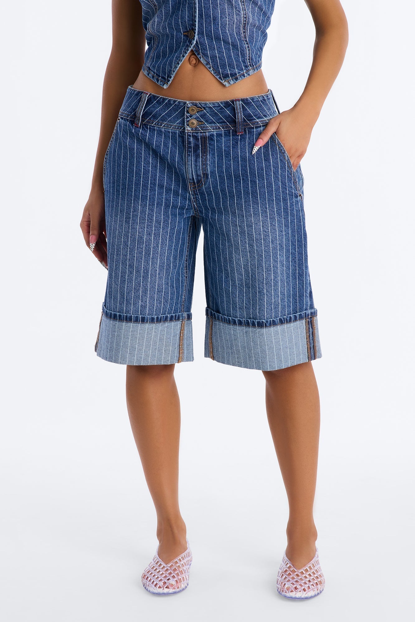 Legendary Striped Cuffed Denim Jorts - Dark Wash