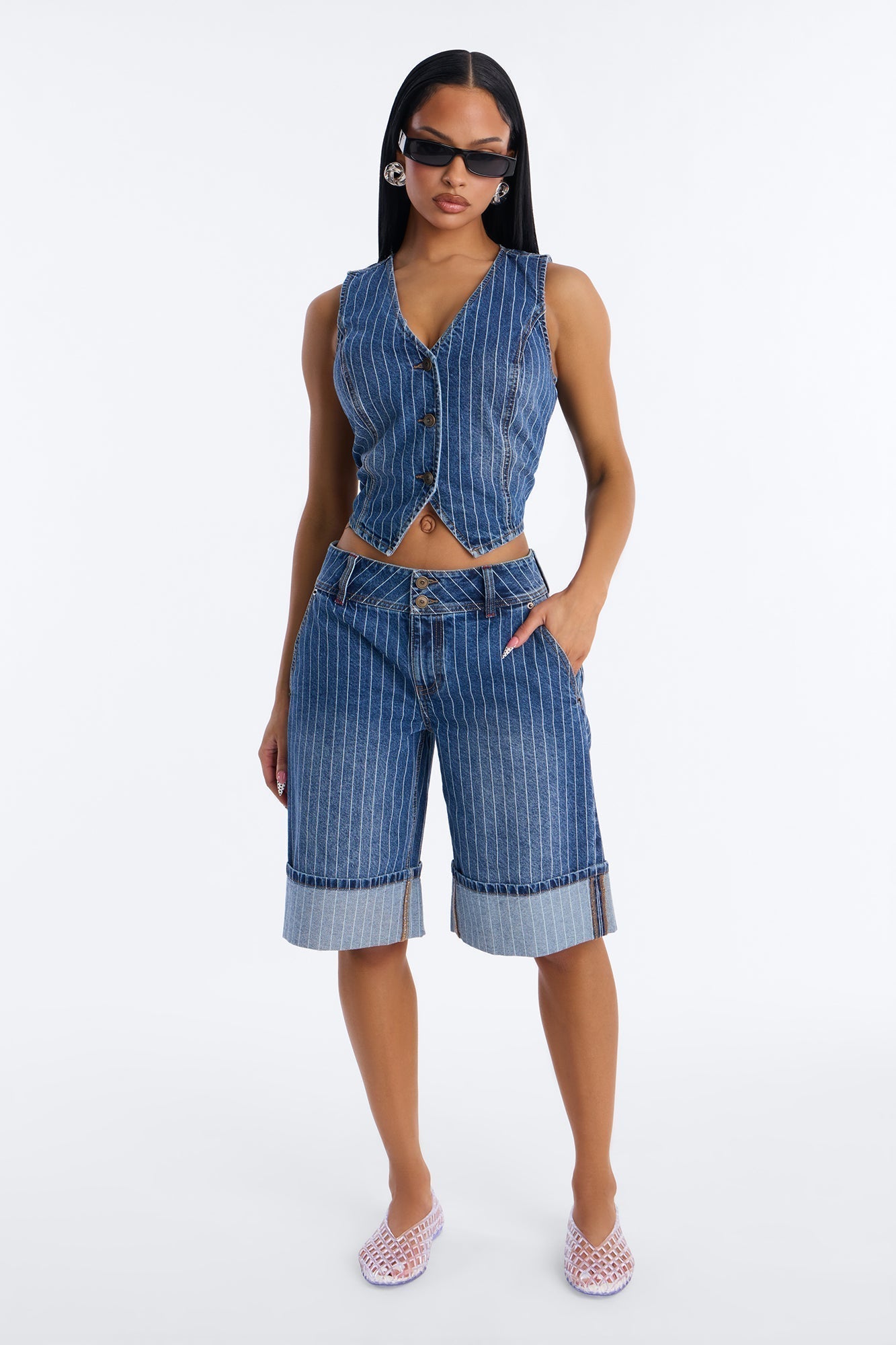 Legendary Striped Cuffed Denim Jorts - Dark Wash