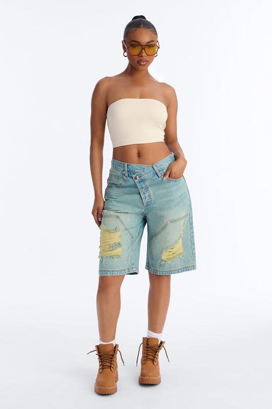 Elsie Crossover Denim Jorts - Light Wash