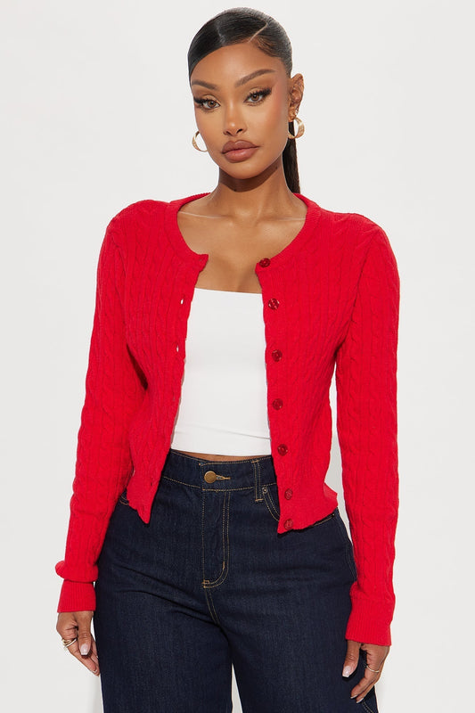 Elowen Cable Knit Cardigan - Red