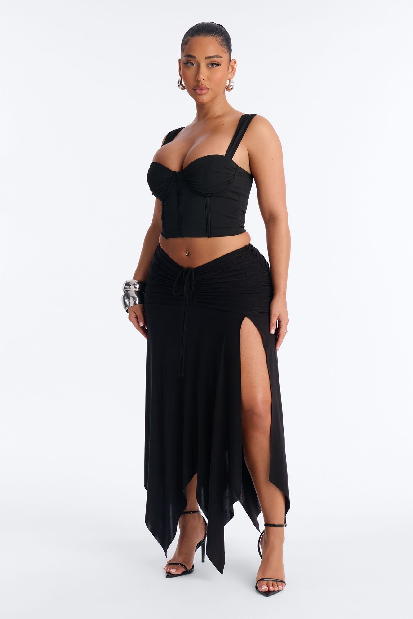 Miranda Low Rise Ruched Flowy Midi Skirt - Black