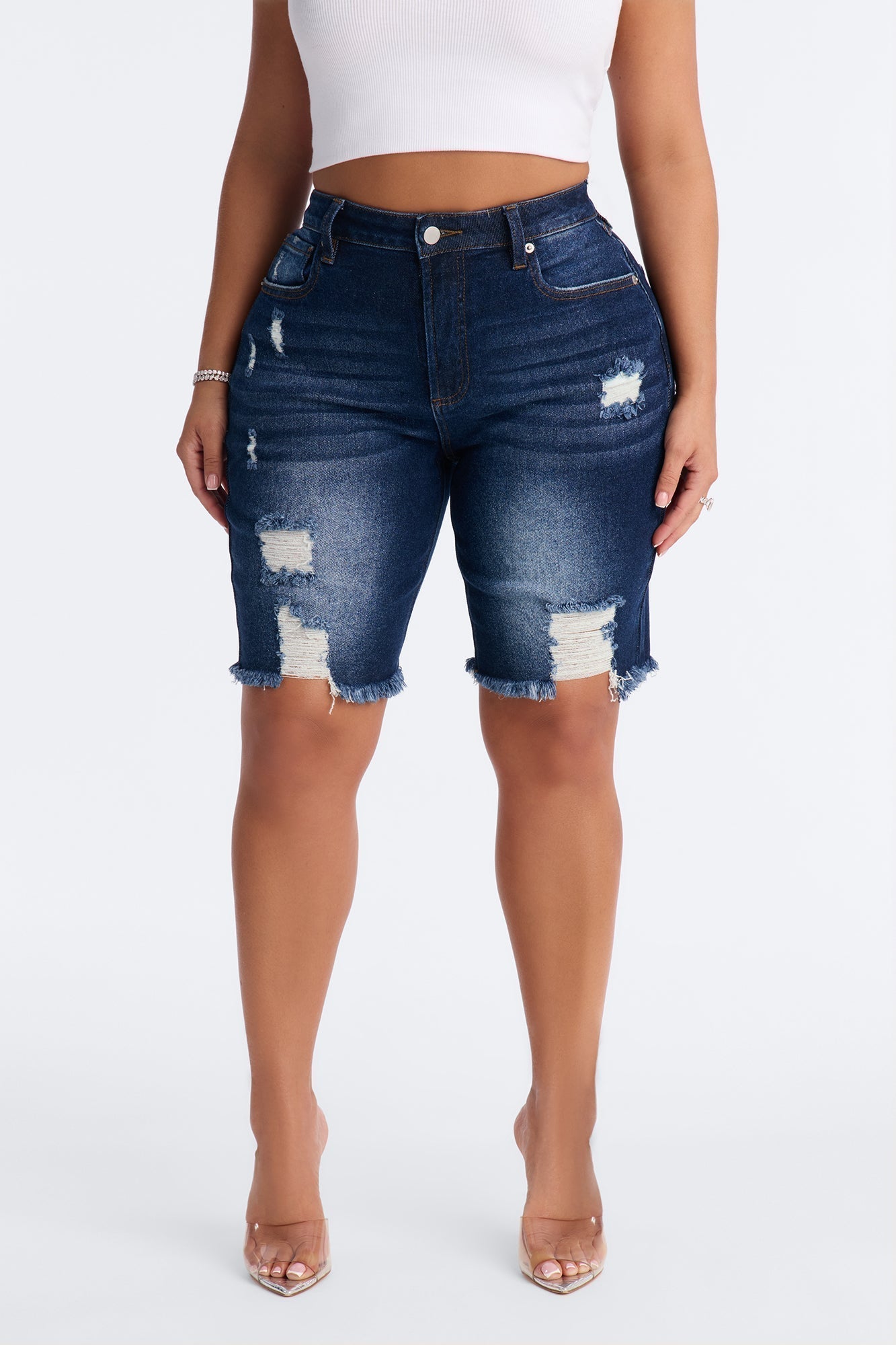 Came To Win Stretch Denim Bermuda Shorts - Dark Wash