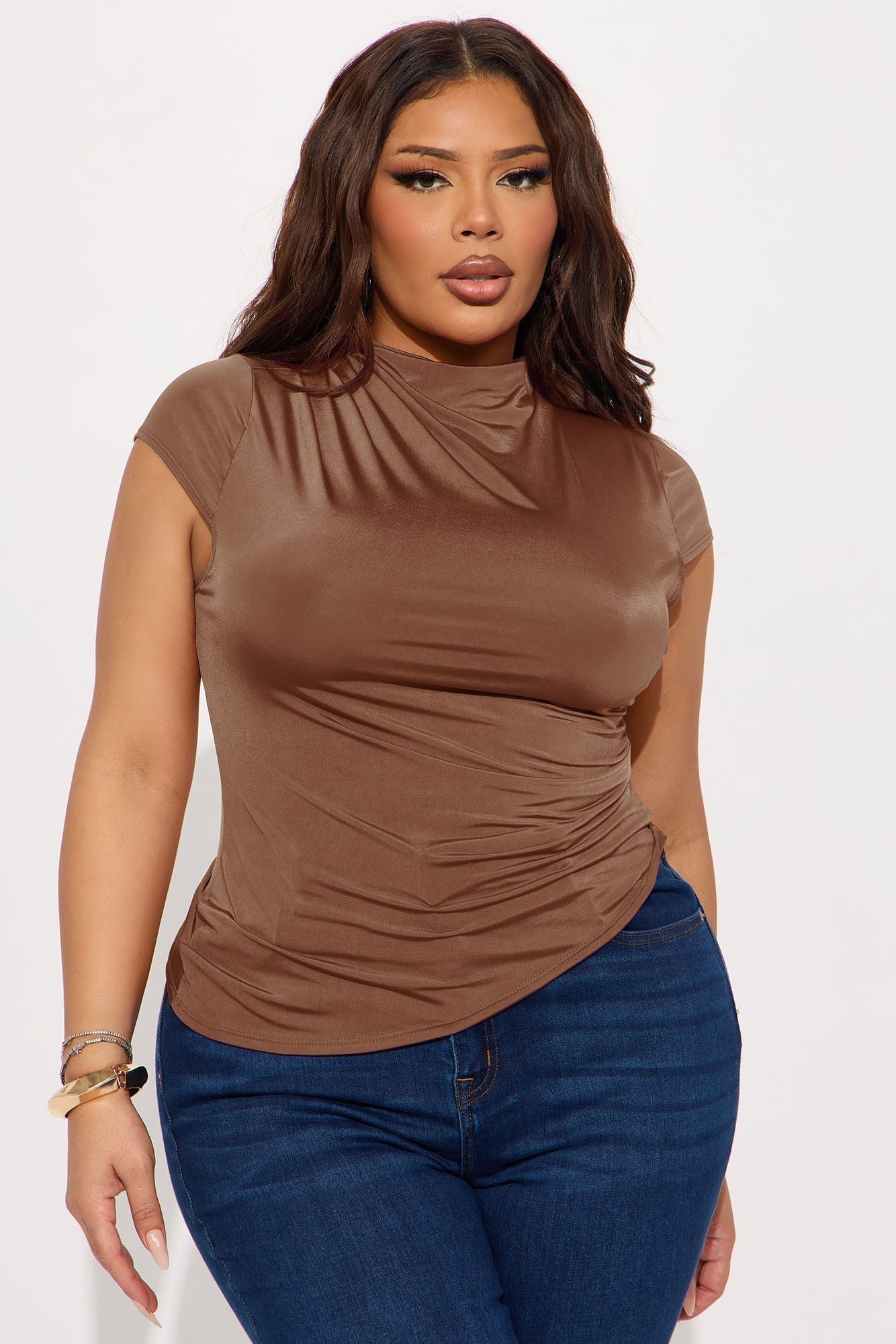 Ines Asymmetrical Ruched High Neck Top - Chocolate