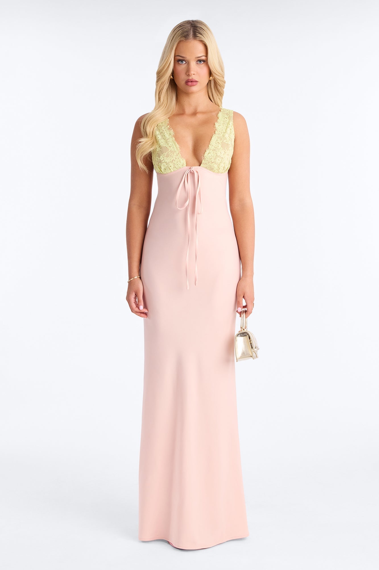 Sweet Satin Lace Trim Maxi Dress - Pink/combo
