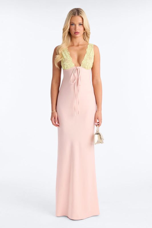 Sweet Satin Lace Trim Maxi Dress - Pink/combo