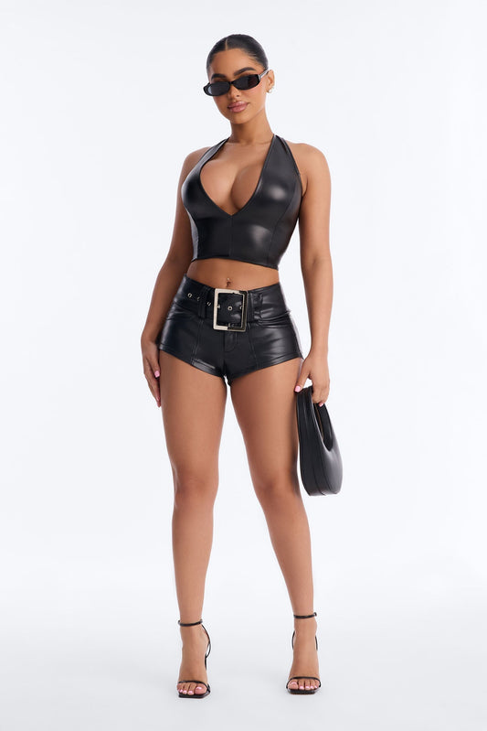 Festival Fever Belted Faux Leather Micro Short - Black