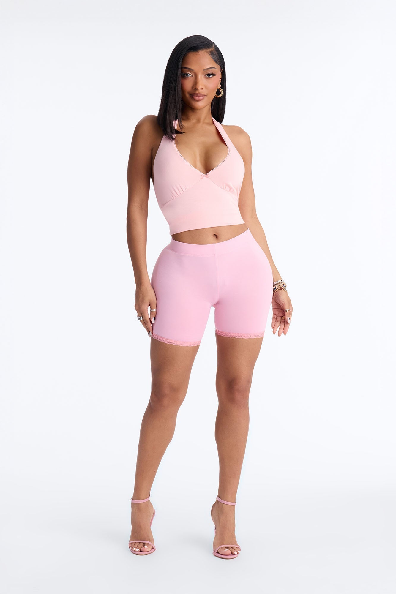 Camille Lace Trim Biker Short - Light Pink