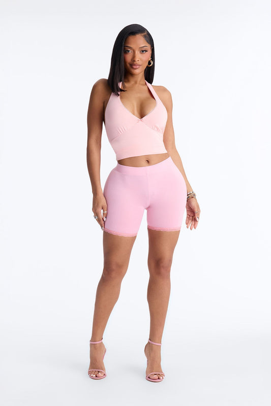 Camille Lace Trim Biker Short - Light Pink